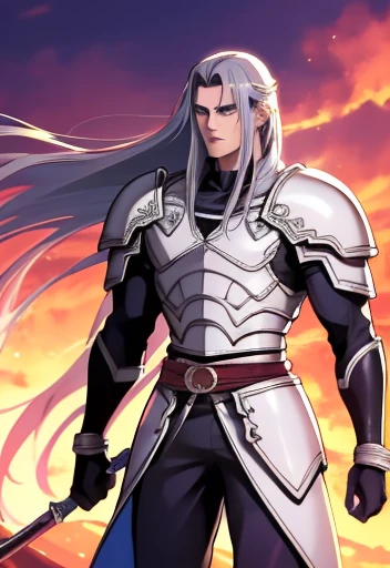 (high-quality, breathtaking),(expressive eyes, perfect face) Symmetrical Eyes, 1 Homem Adulto de idade 36 anos,   strong male indigenous warrior he has an exaggerated long hair gray color eyes purple color, ele tem pinturas tribais no peito e no rosto, he has armor on his tibia, he has armor on his forearm, He wears tight-fitting pants made of green fabric, he has a long indigenous fabric thong, He's gesturing with his hands 