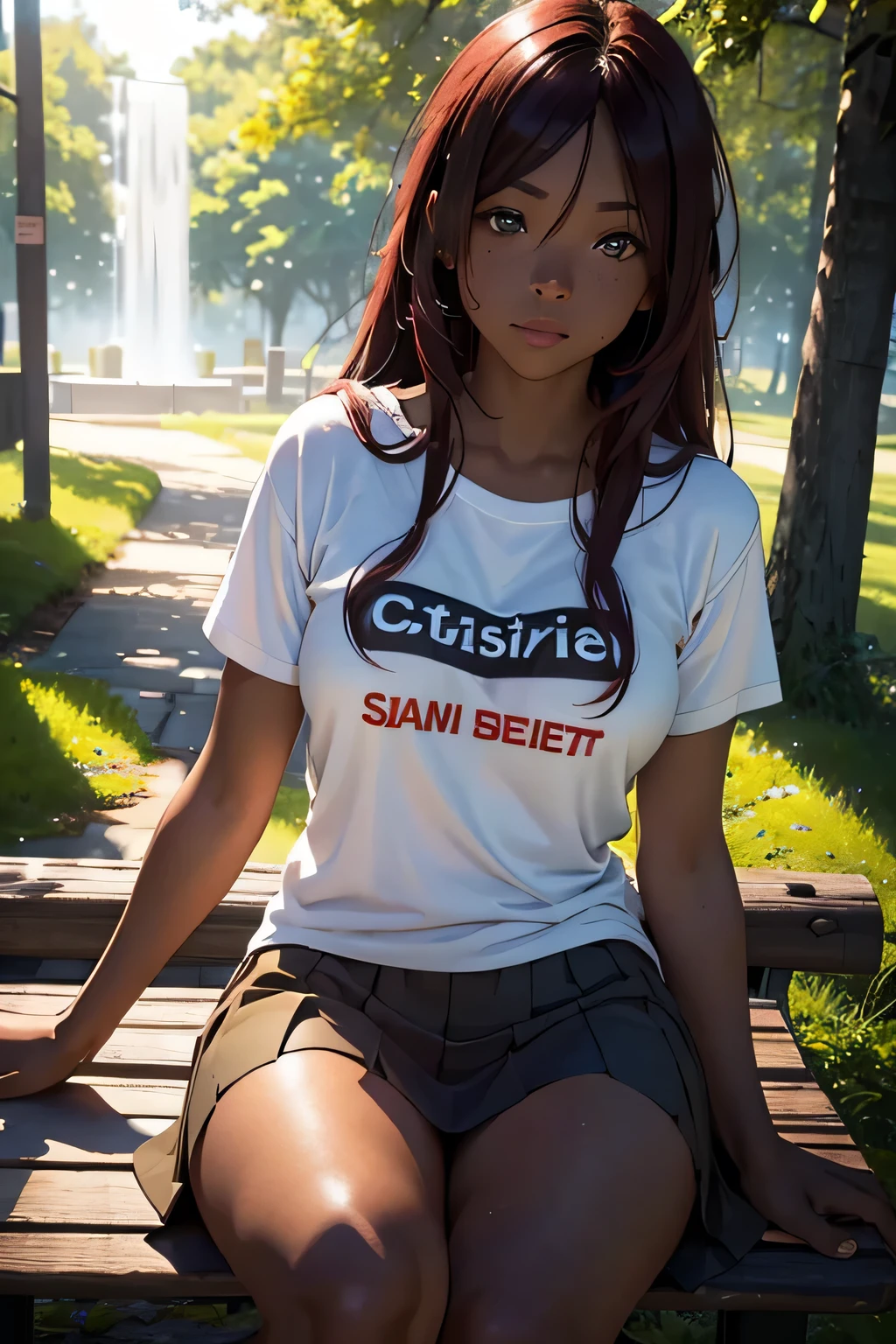 1girl, solo, dark skin, long red hair, freckles, brown eyes, white t-shirt, skirt, white shoes, sitting on a bench, forest park, cinematic lighting, close pov, (best quality,4k,8k,highres,masterpiece:1.2),ultra-detailed,(realistic,photorealistic,photo-realistic:1.37),HDR,professional,vivid colors,bokeh,portraits