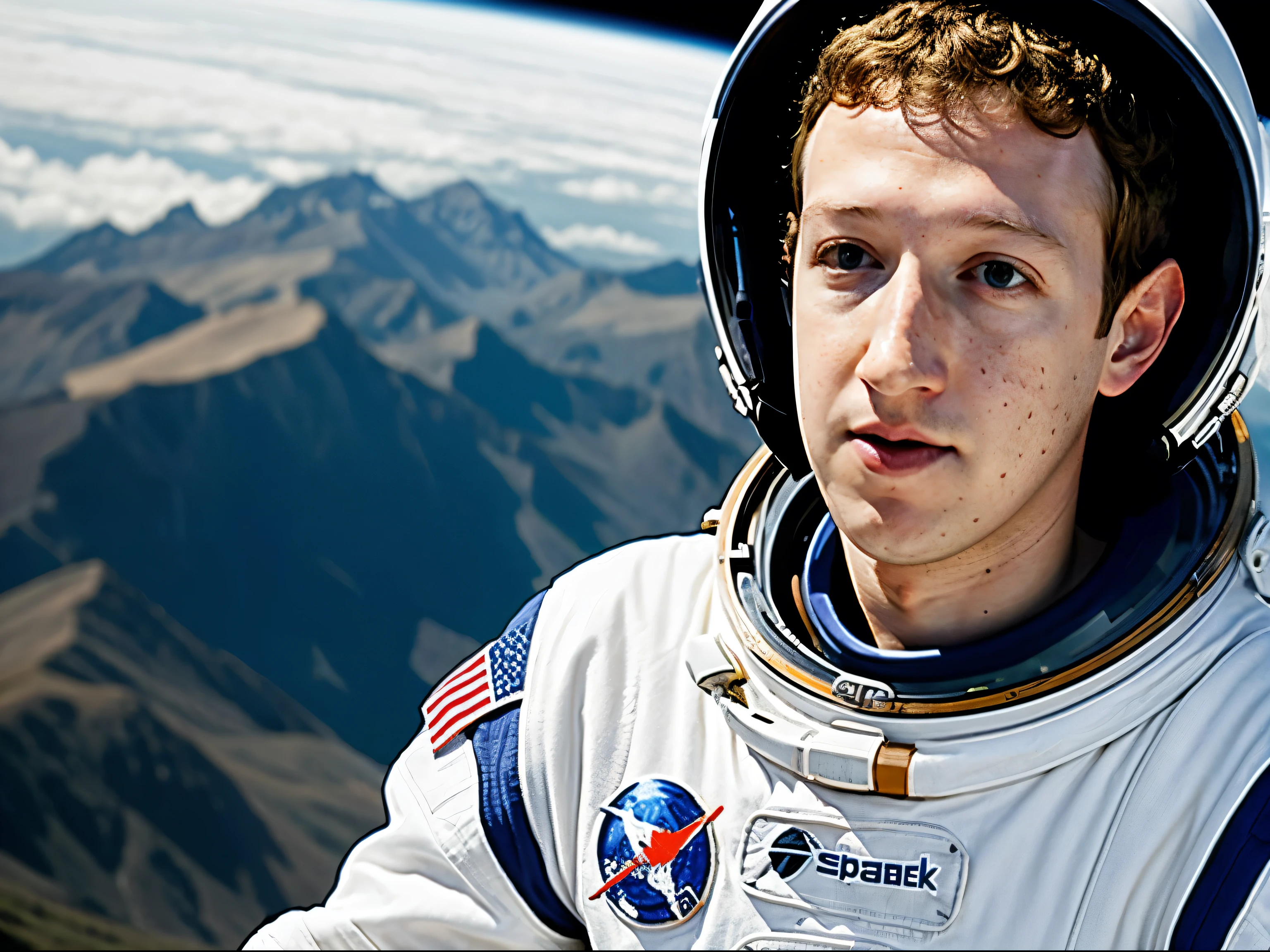 Mark Zuckerberg, best quality, space, spacesuit, planet earth in the background
