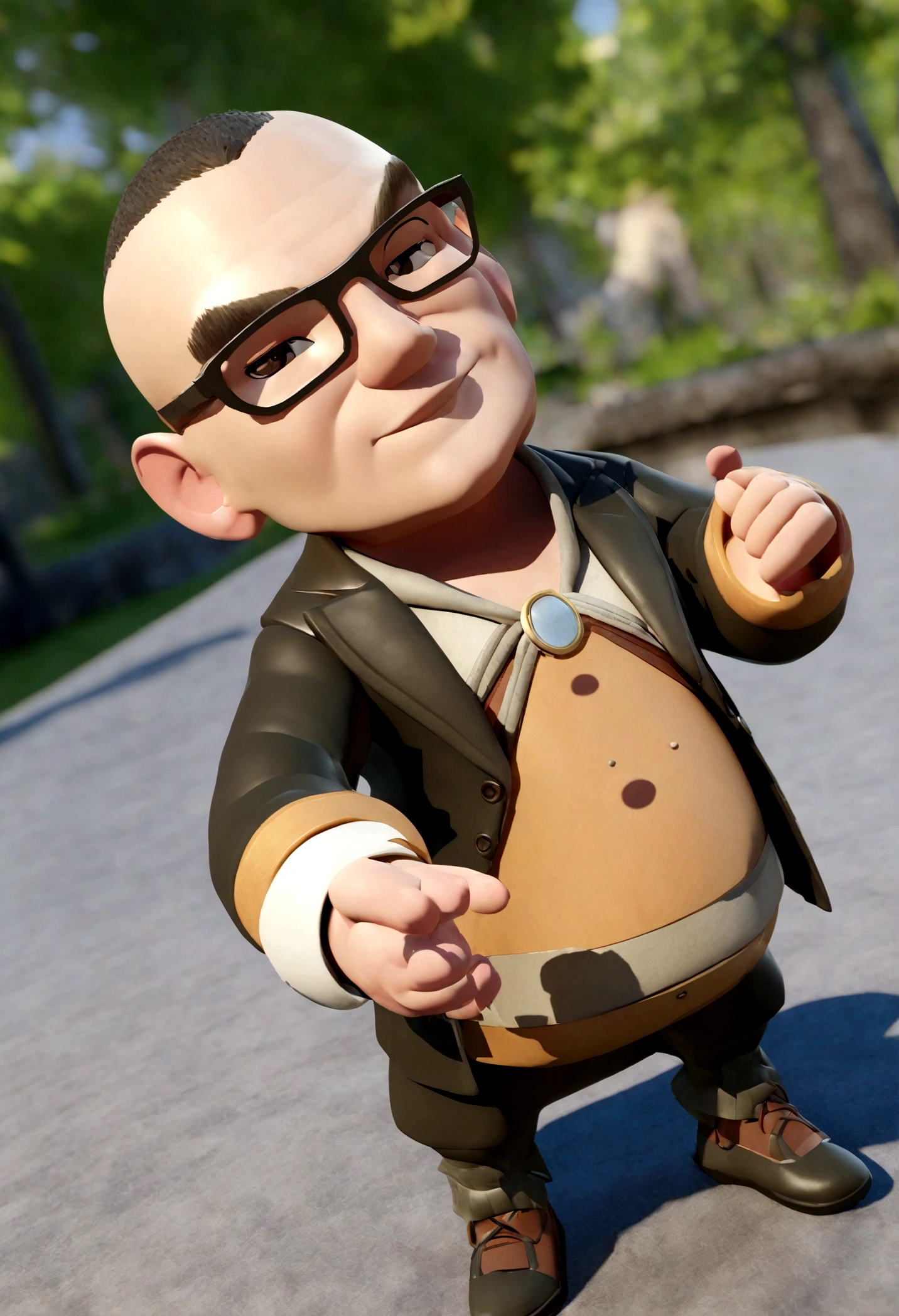 Cartoon character of a man wearing black glasses, shaved head, barba grande, um personagem animado, Caractere estilizado, animation style rendering, 3D estilizado, Arnold Maya render, 3 d render stylized, toon render keyshot, Personagem 3D, Personagem 3D, 3d rendering stylized, 3 d character render, personagem de desenho animado, prsticando corrida de rua.