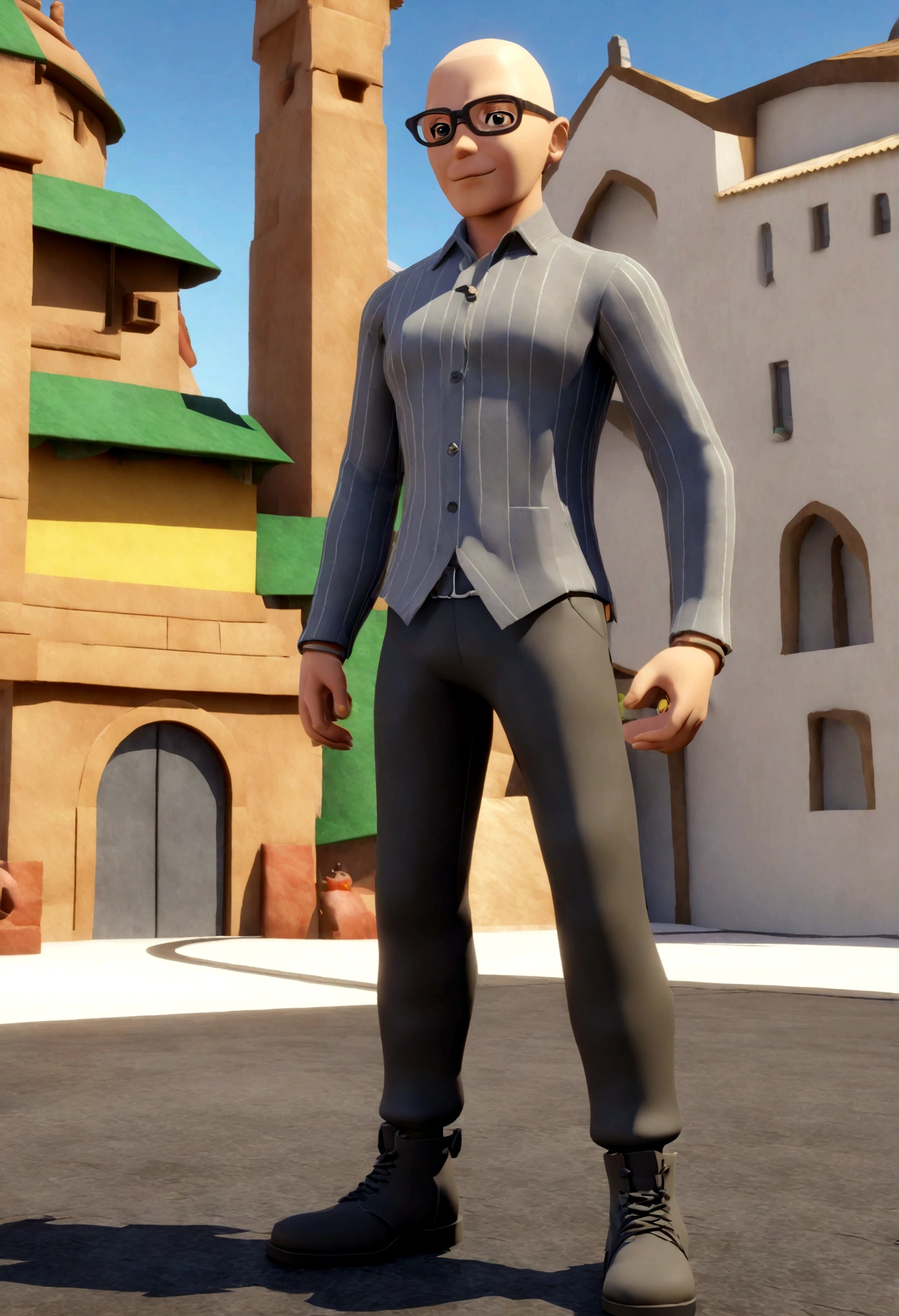 Cartoon character of a man wearing black glasses, shaved head, barba grande, um personagem animado, Caractere estilizado, animation style rendering, 3D estilizado, Arnold Maya render, 3 d render stylized, toon render keyshot, Personagem 3D, Personagem 3D, 3d rendering stylized, 3 d character render, personagem de desenho animado, prsticando corrida de rua.