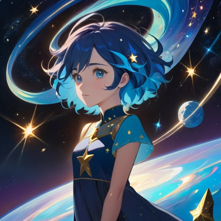 absurdity, dramatic portrait of a mysterious man, floating in space, Using Your Magic, (beautiful colorful swirling blue stars and nebulae:1.1), elegant pose, strong, dramatic scene, Emotional expression, short hair, Detailed eyes, rule of thirds, subsurface scattering, detailed background, full of color, volumetric lighting, anime work 1 girl, fabulous, gentle, blue hair, Wearing a cyan blue dress, barefoot, I look at the sky, standing in the sea, perfect face, beautiful eyes, sky - galaxy and stars, twilight, shooting meteorites, yearning, anime style, key visual, Bright, anime studio, very detailed,