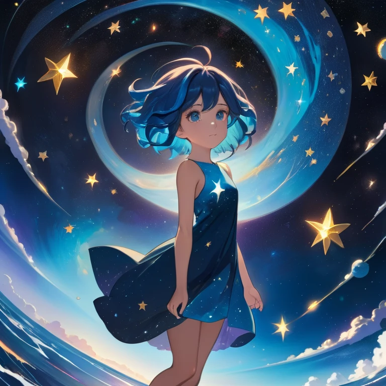 absurdity, dramatic portrait of a mysterious man, floating in space, Using Your Magic, (beautiful colorful swirling blue stars and nebulae:1.1), elegant pose, strong, dramatic scene, Emotional expression, short hair, Detailed eyes, rule of thirds, subsurface scattering, detailed background, full of color, volumetric lighting, anime work 1 girl, fabulous, gentle, blue hair, Wearing a cyan blue dress, barefoot, I look at the sky, standing in the sea, perfect face, beautiful eyes, sky - galaxy and stars, twilight, shooting meteorites, yearning, anime style, key visual, Bright, anime studio, very detailed,