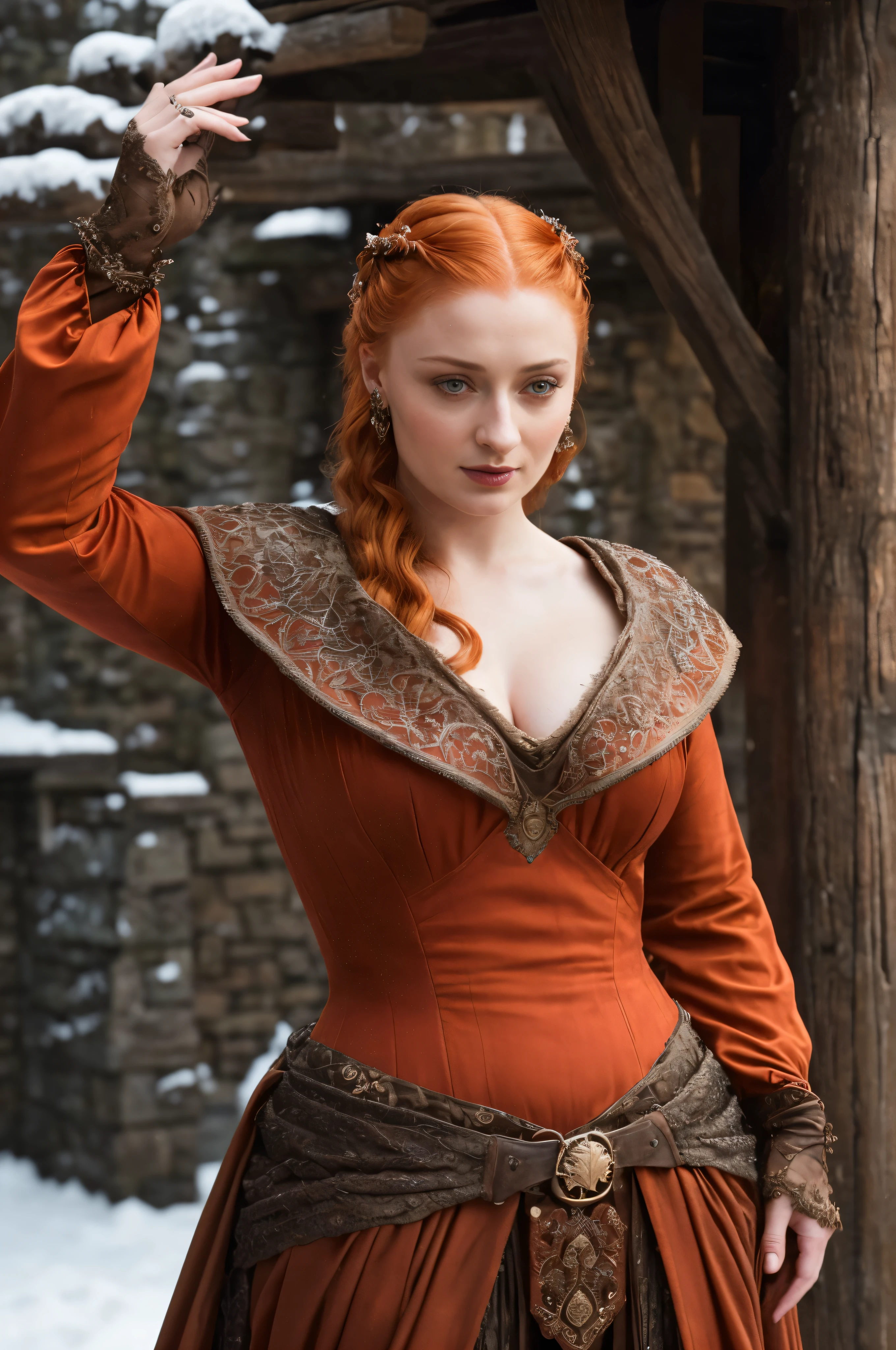 Face of Sophie Turner, Sansa Stark played by Sophie Turner, the de facto Lady of the Eyrie, is a 40-year-old mature queen with a stunning, alluring appearance. Full Face, Full figured woman, pierced eyes, reddish lips, upper body shot, erotic Mediaeval costumes, game of thrones costumes, She wears a Game of Thrones-inspired costume and has a deep cleavage, a perfect thick body, and a perfect thick figure. The photograph captures her in a close-up, with her skin texture and facial features being ultra-realistic and realistic. Juicy thick figure, high quality skin, Skin pores, amazing details, snow, snow flakes, semi realistic, extremely detailed eyes, dark moody orange and black settings, cool environment, artificial intelligence