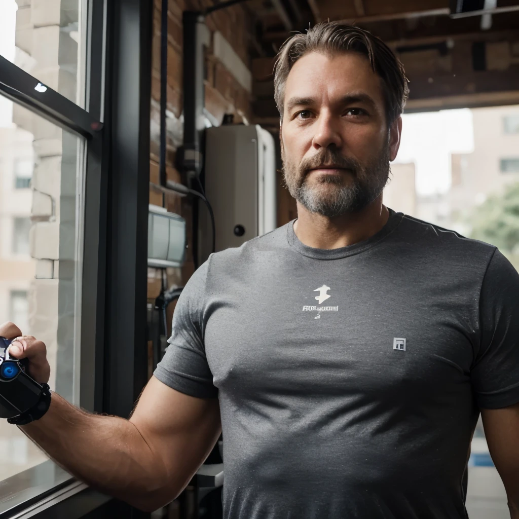 44-year-old man built with a robotic right arm and long, graying hair and beard.