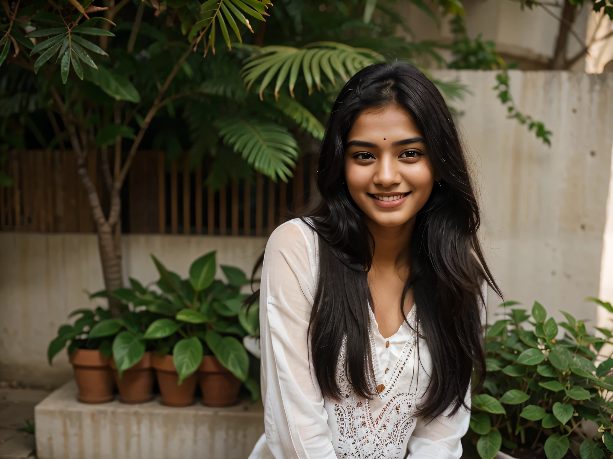 20 years old beautiful indian girl, long black hair, smiling face, happy, 