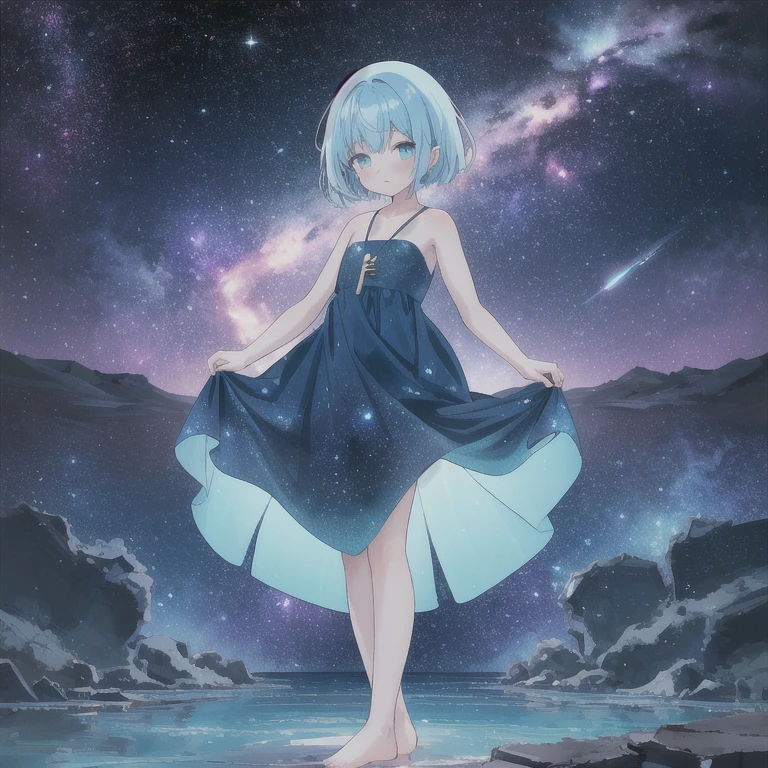 absurdity, dramatic portrait of a mysterious man, floating in space, Using Your Magic, (beautiful colorful swirling blue stars and nebulae:1.1), elegant pose, strong, dramatic scene, Emotional expression, short hair, Detailed eyes, rule of thirds, subsurface scattering, detailed background, full of color, volumetric lighting, anime work 1 girl, fabulous, gentle, blue hair, Wearing a cyan blue dress, barefoot, I look at the sky, standing in the sea, perfect face, beautiful eyes, sky - galaxy and stars, twilight, shooting meteorites, yearning, anime style, key visual, Bright, anime studio, very detailed,