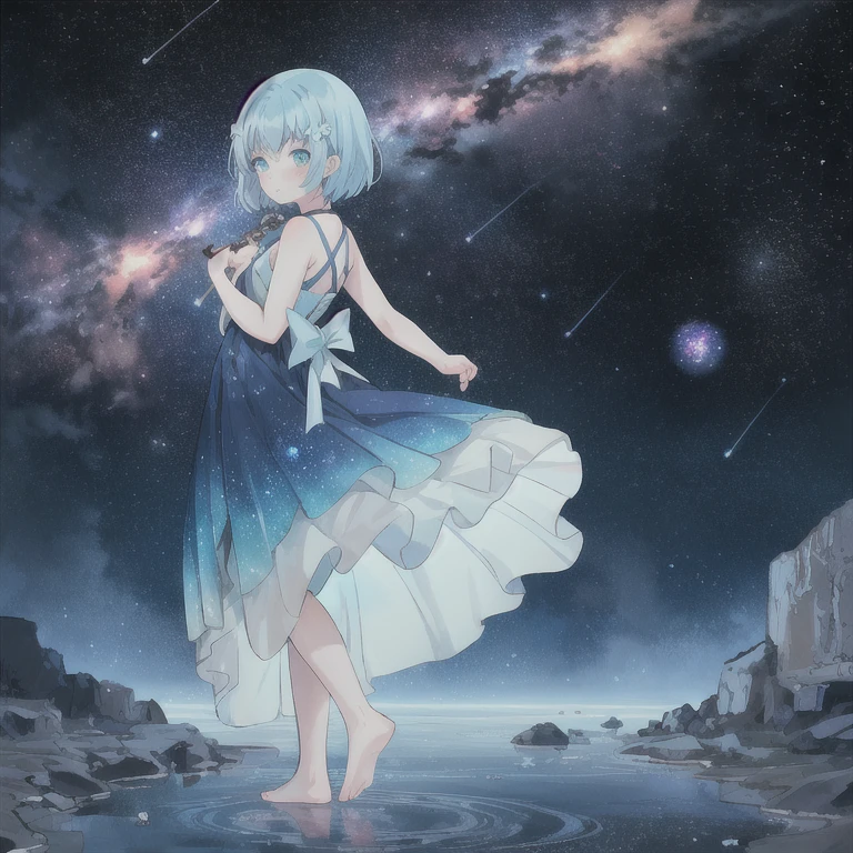 absurdity, dramatic portrait of a mysterious man, floating in space, Using Your Magic, (beautiful colorful swirling blue stars and nebulae:1.1), elegant pose, strong, dramatic scene, Emotional expression, short hair, Detailed eyes, rule of thirds, subsurface scattering, detailed background, full of color, volumetric lighting, anime work 1 girl, fabulous, gentle, blue hair, Wearing a cyan blue dress, barefoot, I look at the sky, standing in the sea, perfect face, beautiful eyes, sky - galaxy and stars, twilight, shooting meteorites, yearning, anime style, key visual, Bright, anime studio, very detailed,