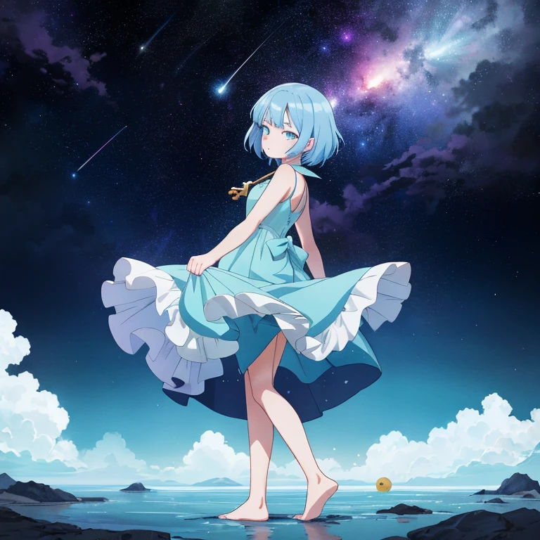 absurdity, dramatic portrait of a mysterious man, floating in space, Using Your Magic, (beautiful colorful swirling blue stars and nebulae:1.1), elegant pose, strong, dramatic scene, Emotional expression, short hair, Detailed eyes, rule of thirds, subsurface scattering, detailed background, full of color, volumetric lighting, anime work 1 girl, fabulous, gentle, blue hair, Wearing a cyan blue dress, barefoot, I look at the sky, standing in the sea, perfect face, beautiful eyes, sky - galaxy and stars, twilight, shooting meteorites, yearning, anime style, key visual, Bright, anime studio, very detailed,