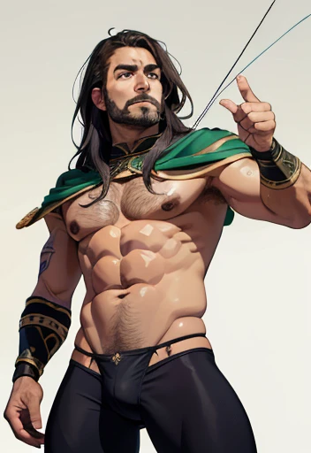 high-quality, breathtaking),(expressive eyes, perfect face) Symmetrical Eyes, 1 Homem Adulto de idade 36 anos, strong male indigenous warrior he has an exaggerated long hair gray color eyes purple color, ele tem pinturas tribais no peito e no rosto, he has armor on his tibia, he has armor on his forearm, He wears tight-fitting pants made of green fabric, he has a long indigenous fabric thong, He's gesturing with his hands , he uses a magic bow and arrow of light