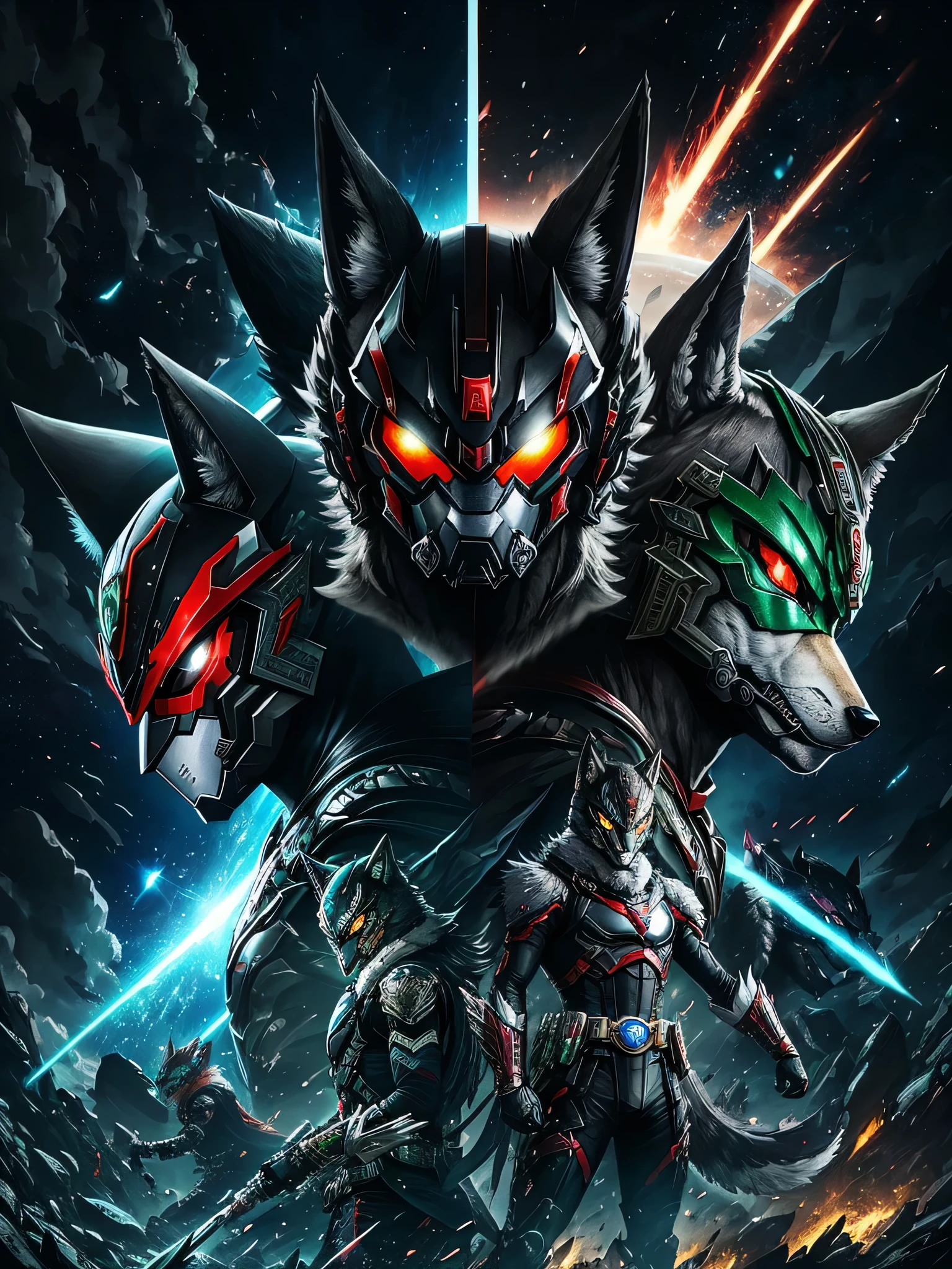 Kamen rider, wolf form, combat belt, blaster, China, battle with the forces of evil under the night sky.