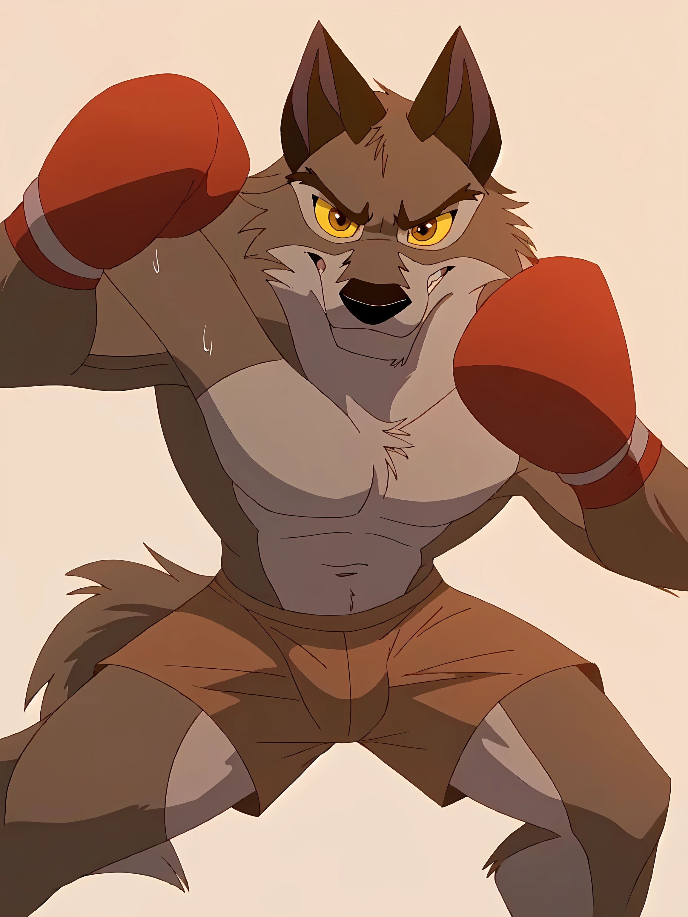 balto, detailed, detailed face, detailed eyes, anthro body, black lineart, black outline, male, masculine, muscular body, pectorals, adult, wolf, wolf body, brown iris, yellow sclera, cartoon shading, cel shaded:1.0, confident, proud, smile, front view:1.1, balto feet, boxing shorts, full body:1.2, wolf tail, wearing boxing gloves, detailed boxing gloves, (no background, white background):1.5, open mouth, action pose, (punching air, flying sweat, speed lines):1.1, angry eyes