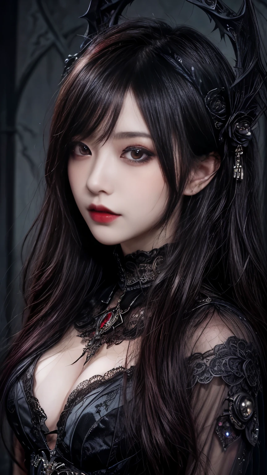 "An incredibly detailed and intense portrayal of a terrifying female necromancer, Ultra-high definition 8K wallpapers for mid-shot and dramatic capture shots, Showing complex complexity".、Close-up of a woman with dark hair and wearing a black dress, in style of Dark Fantasy Art, Dark Fantasy Art, A beautiful and elegant demon queen, Dark Fantasy Art, fantasy dark art, Dark fantasy digital art, gothic fantasy art, Gothic Dark Maiden, Dark Fantasy Portrait, Portrait of the Dark Goddess, Dark Fantasy Nymph Portrait