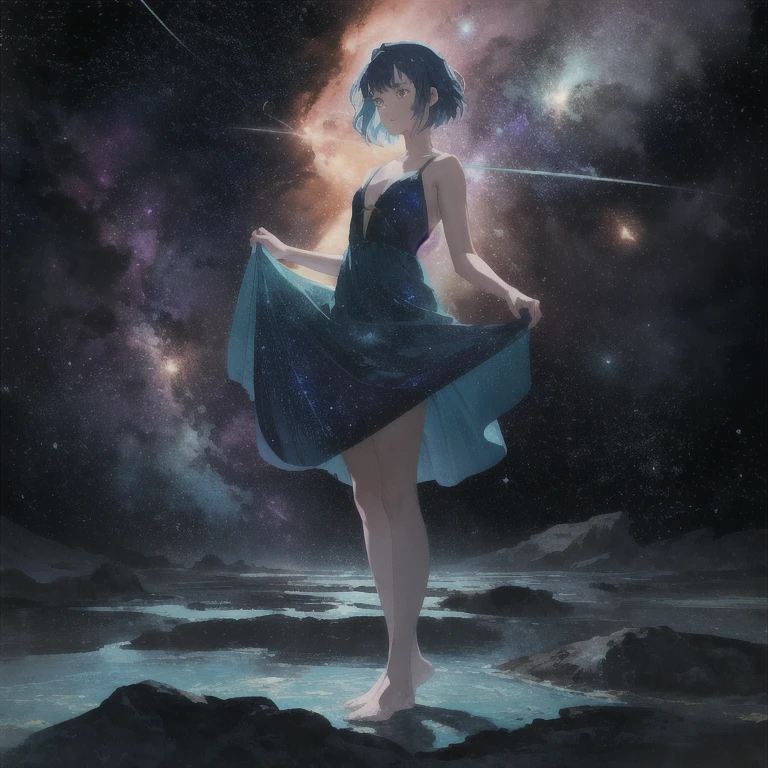 absurdity, dramatic portrait of a mysterious man, floating in space, Using Your Magic, (beautiful colorful swirling blue stars and nebulae:1.1), elegant pose, strong, dramatic scene, Emotional expression, short hair, Detailed eyes, rule of thirds, subsurface scattering, detailed background, full of color, volumetric lighting, anime work 1 girl, fabulous, gentle, blue hair, Wearing a cyan blue dress, barefoot, I look at the sky, standing in the sea, perfect face, beautiful eyes, sky - galaxy and stars, twilight, shooting meteorites, yearning, anime style, key visual, Bright, anime studio, very detailed,