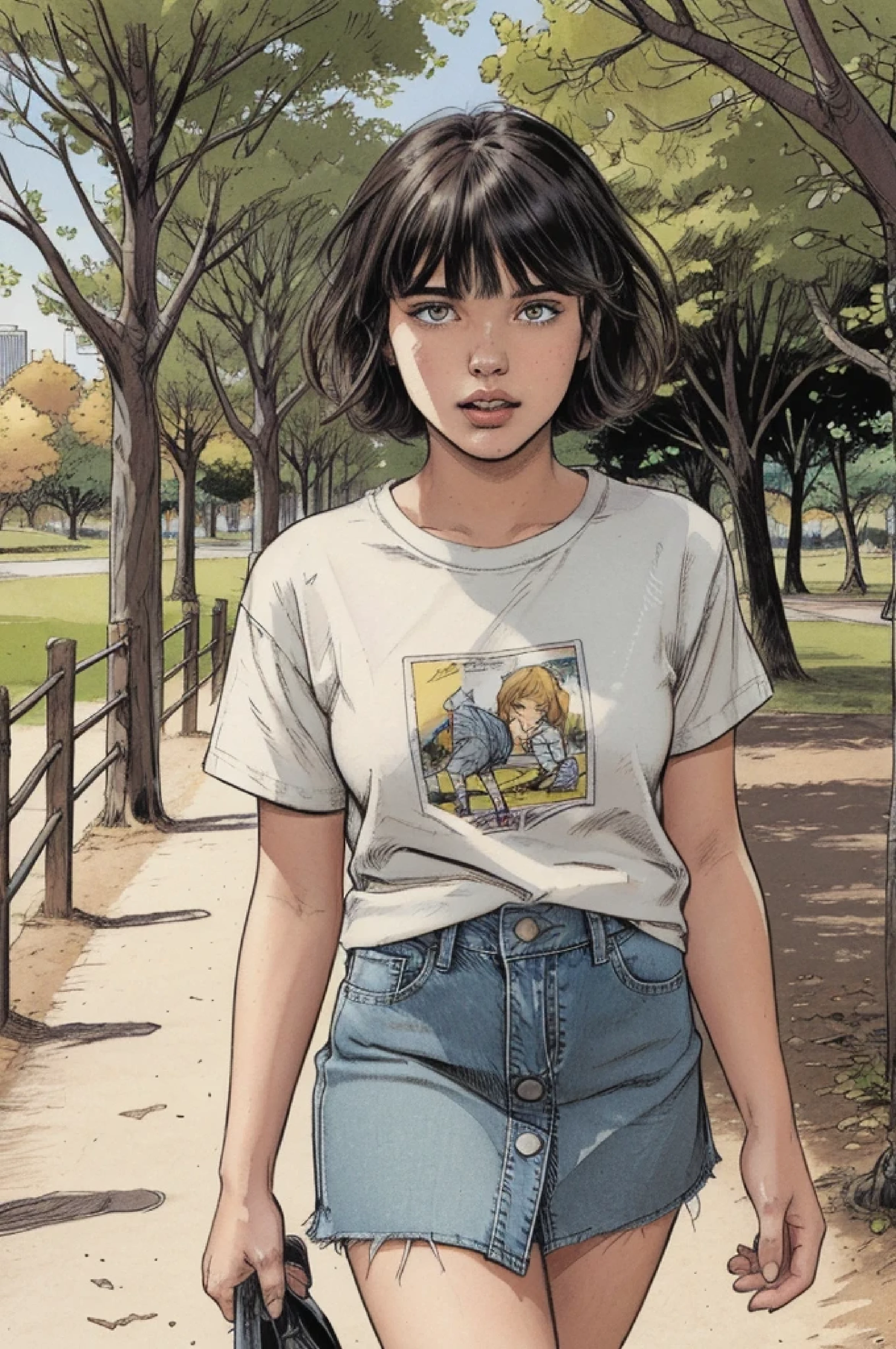 comic book illustration, high detail, high resolution, 1girl, attractive, 18 year old, cute cheeks, sharp jaw, beautiful eyes, short length hair, bangs hairstyle, denim skirt, summer walk in park, tucked in t shirt