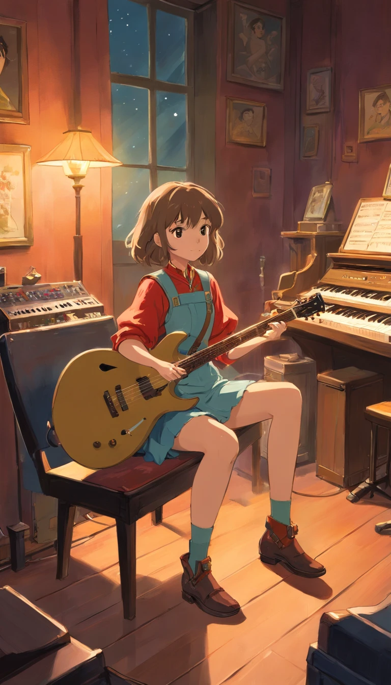 "Imagine a young Rockeira woman, sitting in her dressing room, before taking the stage for a concert. She is dressed in a rock outfit, with shaggy hair and a determined look. She is holding her guitar, with a firm and secure hand. The light is dim, coming only from a lamp on the table. She is thinking about the songs she will play, the movements she will make, the sounds she will create. Describe the sense of confidence and energy that surrounds this young woman, who is about to take the stage and give an incredible concert."