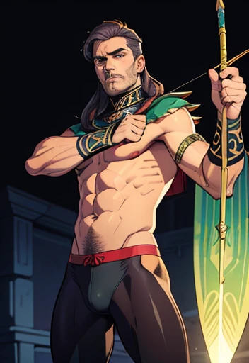 high-quality, breathtaking),(expressive eyes, perfect face) Symmetrical Eyes, 1 Homem Adulto de idade 46 anos, strong male indigenous warrior he has an exaggerated long hair gray color eyes purple color, ele tem pinturas tribais no peito e no rosto, he has armor on his tibia, he has armor on his forearm, He wears tight-fitting pants made of green fabric, he has a long indigenous fabric thong, He's gesturing with his hands , he uses a magic bow and arrow of light