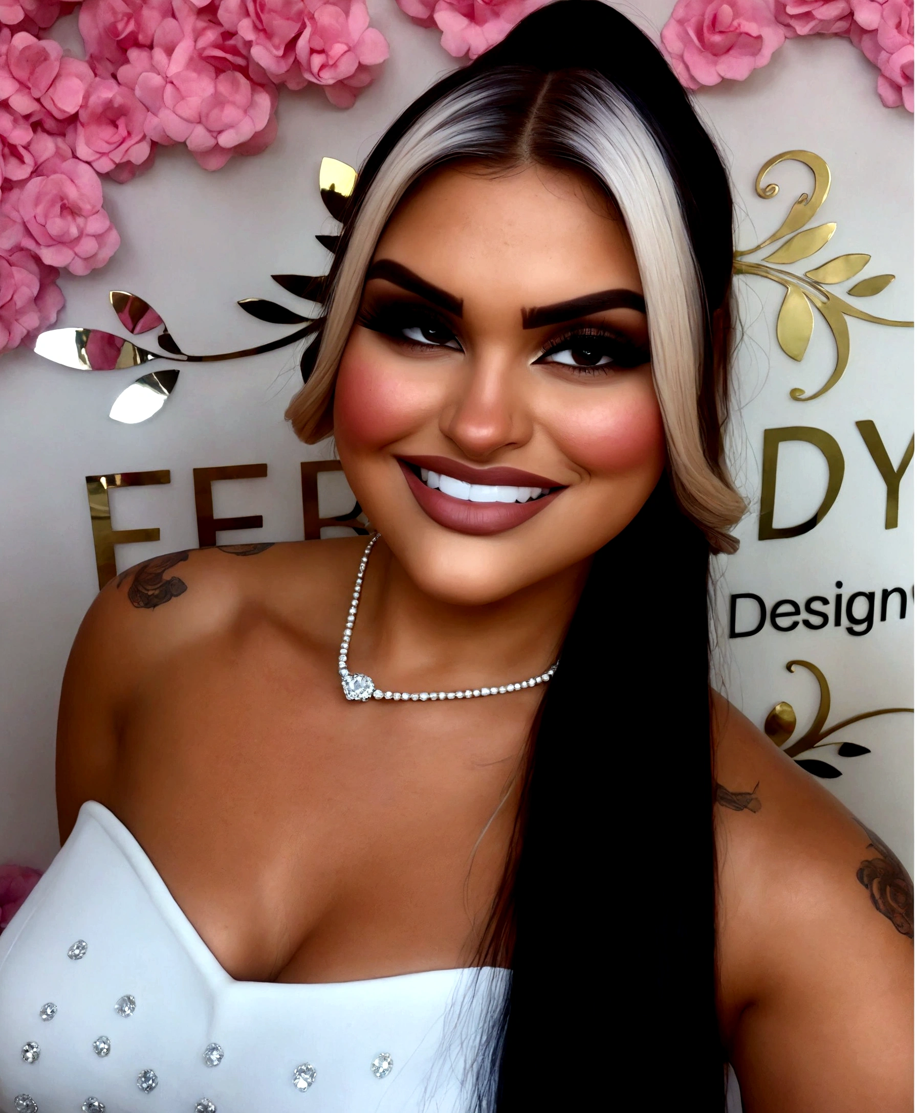 um close de uma mulher com cabelos longos e um vestido branco, Marischa Becker, olhar sensual, morena com cabelos tingidos de loiro, nervoso, maquiagem extravagante grossa, Lorena Avarez, looks like fabiula nascimento, rosto sexy com maquiagem completa, taken at the beginning of 2020, inspirado em Izzy Medrano, Devon cady-lee