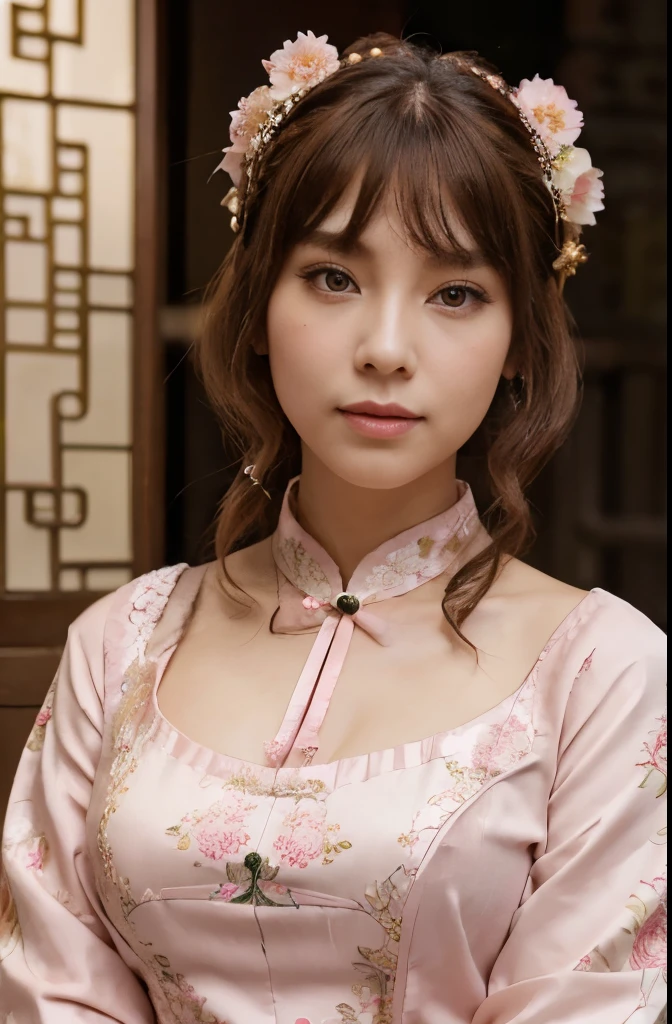 masterpiece, Best quality, embankment, banquet, 1 woman, mature woman, elegant, chinese style, Ancient China, Sister, Royal Sister, happy, Meatball head, light brown hair, pink eyes, Gorgeous headdress, Light pink lips, Pink clothes, Yarn is like clothes, Intellectual, Full bangs, flat bangs, Flower ball, Face Delicate,A hairstyle