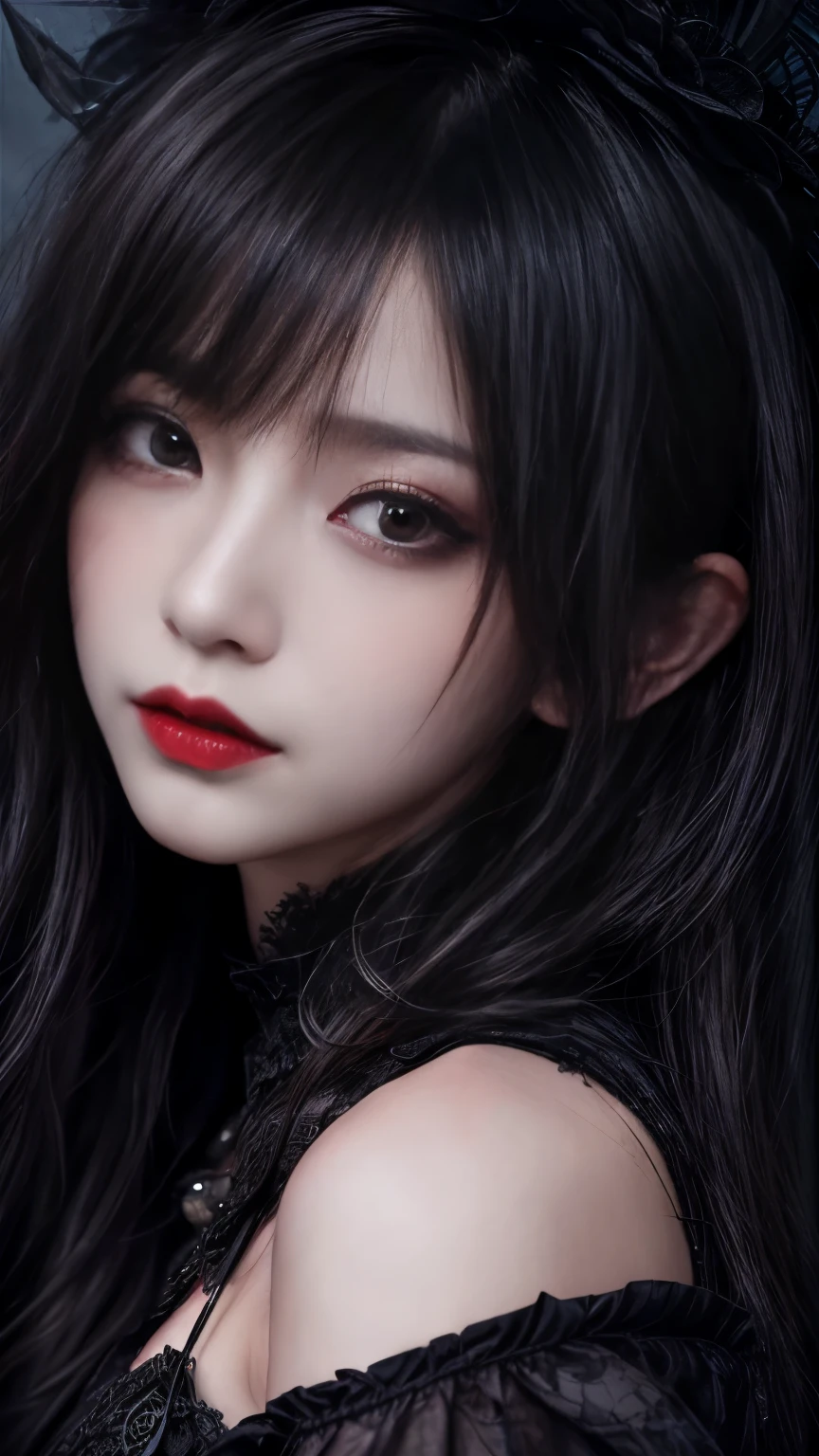 "An incredibly detailed and intense portrayal of a terrifying female necromancer, Ultra-high definition 8K wallpapers for mid-shot and dramatic capture shots, Showing complex complexity".、Close-up of a woman with dark hair and wearing a black dress, in style of Dark Fantasy Art, Dark Fantasy Art, A beautiful and elegant demon queen, Dark Fantasy Art, fantasy dark art, Dark fantasy digital art, gothic fantasy art, Gothic Dark Maiden, Dark Fantasy Portrait, Portrait of the Dark Goddess, Dark Fantasy Nymph Portrait