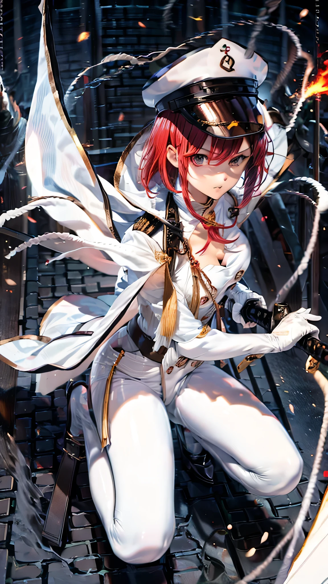 girl,red hair,short hair,military suit,white suit,have katana,flame ruler,