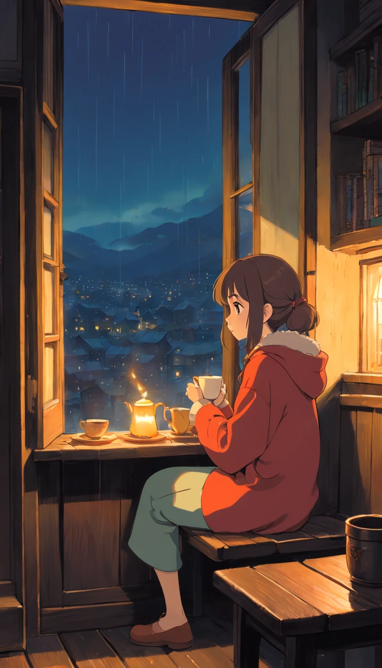 "Imagine a young woman sitting by the window, having a hot coffee on a cold and rainy day. The light is dim, coming only from candles burned at a nearby table. The young woman is dressed in comfortable clothes, but her face is gloomy and thoughtful. She is looking out the window, at the rain that falls heavily on the city. Describe the feeling of isolation and helplessness that surrounds the young woman, who is sitting alone in a cold and dark house, thinking about life and her future."