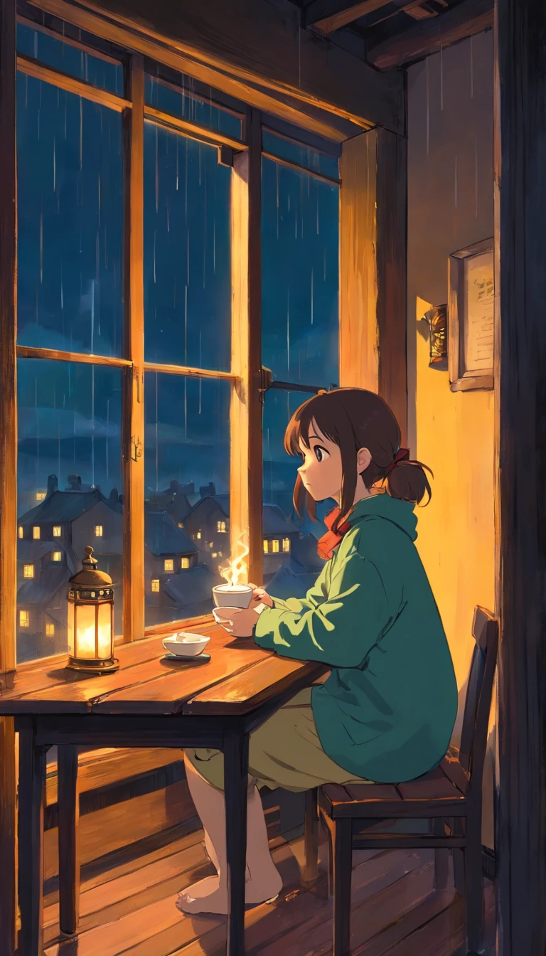 "Imagine a young woman sitting by the window, having a hot coffee on a cold and rainy day. The light is dim, coming only from candles burned at a nearby table. The young woman is dressed in comfortable clothes, but her face is gloomy and thoughtful. She is looking out the window, at the rain that falls heavily on the city. Describe the feeling of isolation and helplessness that surrounds the young woman, who is sitting alone in a cold and dark house, thinking about life and her future."
