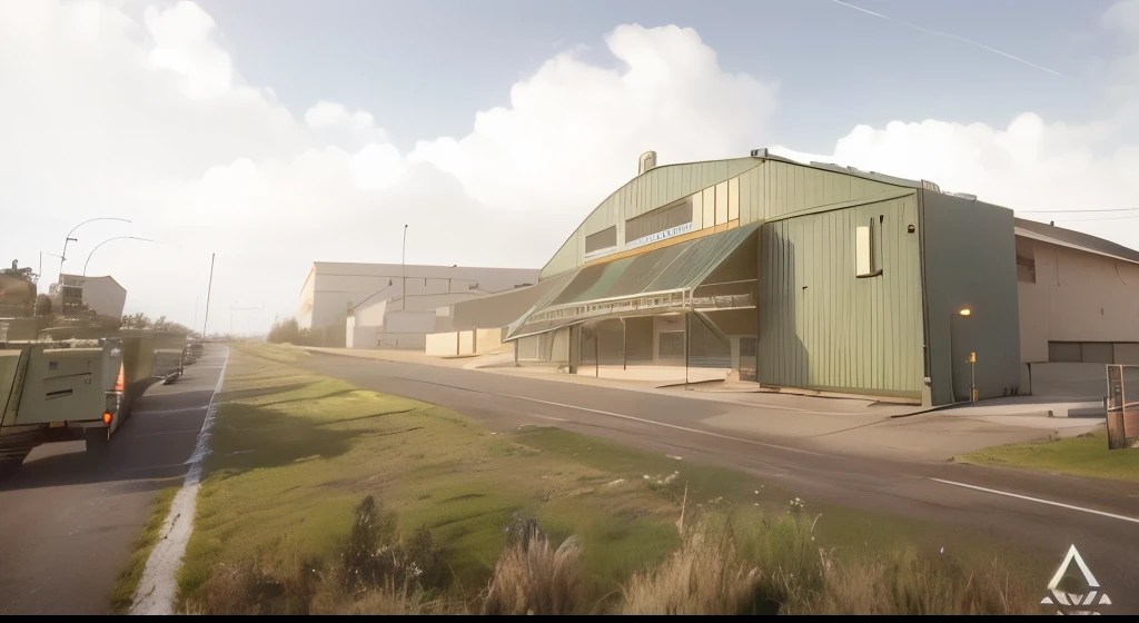 Araf truck driving on the road next to the building, realistic establishing shot, hangar, Cinematic installation frame, Фотореалистичный - H 0, realistic scene, highly photographic render, Atmospheric Shot, Military Buildings, Arma 3 screenshot, Realistic CGI rendering, fully detailed render, military base, detailed 3D rendering, detailed 3D rendering, Real Engine 5 Кинематографический