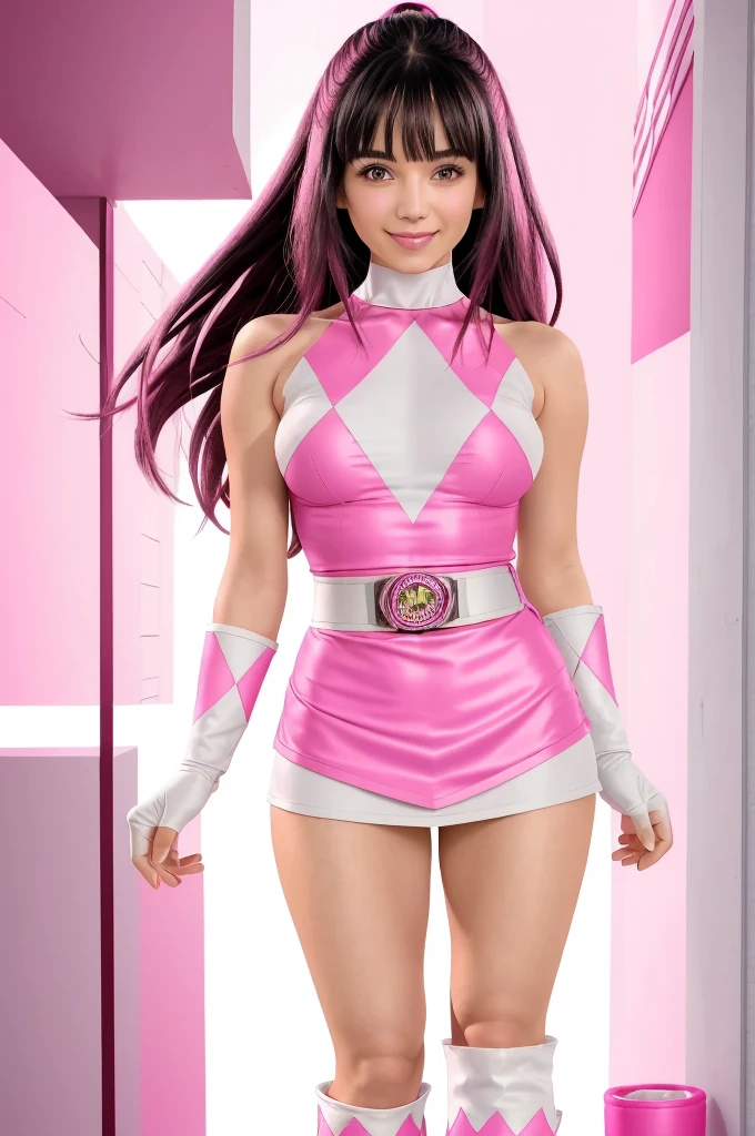 1 cute woman, 25 year old , (long dark hair with cute fringe),(PinkRanger), ripped clothes, topless, (solo) (tight magenta bodysuit), (mini skirt), pink leggings, white belt, white gloves with pink diamond design, (white boots with pink diamond design), (small breasts), smiling at the viewer,( sunny tokyo background:1.2), vibrant colors