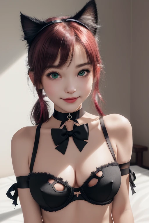 (((medium full shot))), (photorealistic, photorealism, best quality, ultra-detailed:1.3), (nice hands, perfect hands), official art, cinematic light, (1girl:1.3), adult, solo, long hair, breasts, looking at viewer, blush, smile, bangs, ribbon, navel, underwear, green eyes, panties, hair ribbon, red hair, sweat, small breasts, lying, parted lips, choker, on back, armpits, bra, grin, arms up, side ponytail, pillow, black panties, clothing cutout, bell, on bed, black choker, cleavage cutout, underwear only, black bra, side-tie panties, jingle bell, neck bell, ((cat cutout, cat lingerie, cat ear panties))