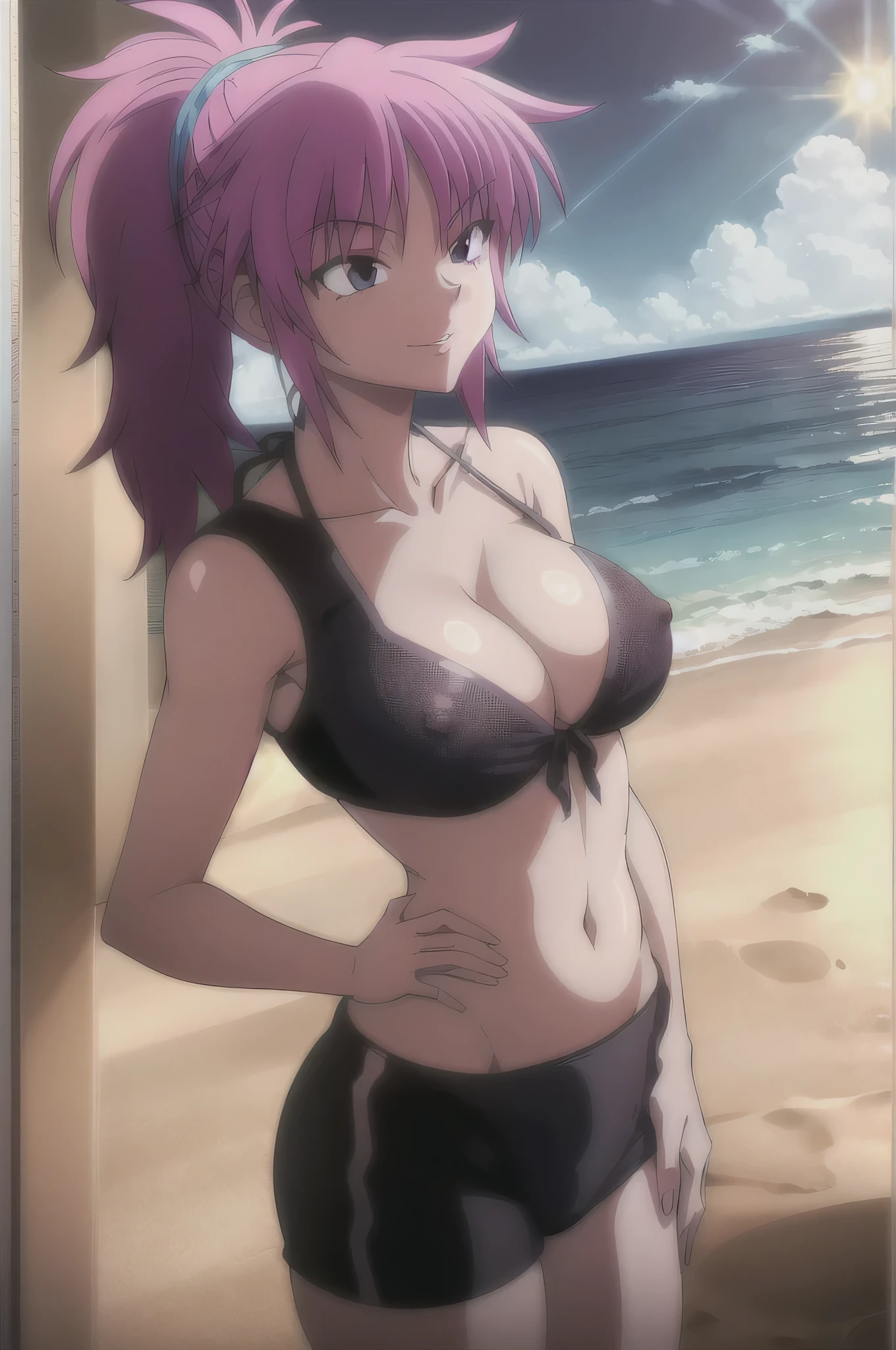 machi,1girl,
ponytail,
cleavage, purple_bikini, ocean, waves, sand, water, sun, lens_flare, hq, hd, high quality, masterpiece, 4K, 8K, hard nipples, wet top, small bikini, underboob, side boob, nipples, see through bikini, cameltoe, large breasts, huge breasts, big breasts, massive breasts, pussy lips, collarbone, neck showing, flirty, seductive, blushed smile, parted lips, head in frame, full frame, island background, ocean background, sunny, bright sky, outdoors, ocean waves, clear water,