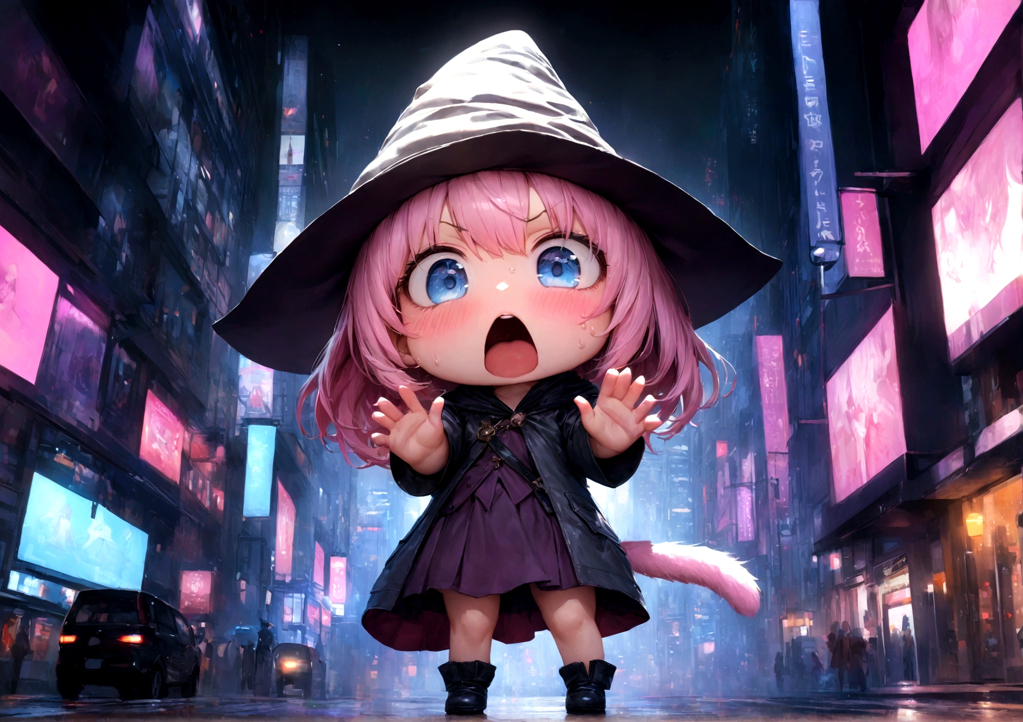 (((Top quality, 4k, 8k, high resolution, masterpiece: 1.2))), (super detailed), (realistic), (photorealistic), (photorealistic: 1.37), (HDR, UHD), (studio (lighting)), ultra-fine drawing, sharp focus, physically based rendering, highly detailed, professional, vibrant colors, perfect ditaile hand, highly detailed realistic eyes, (((standing on the street in the office building district of a modern metropolis,))), (chibi:1.3), chibi, Super deformed character, 1girl, solo, cute, young, kawaii, handsome female witch, beautiful witch, wizard's hat, wizard's tricorn hat, cat tail, (mouth open, (mouth wide open), screaming), pink hair, short fine hair, bangs, hair between eyes, hair ornament, v-shaped eyebrows, surprised face, blushing, sweat, heavy sweating, blue eyes, no pupils, looking at viewer, arms wide open, legs wide open, holding an old-fashioned broom in one hand,