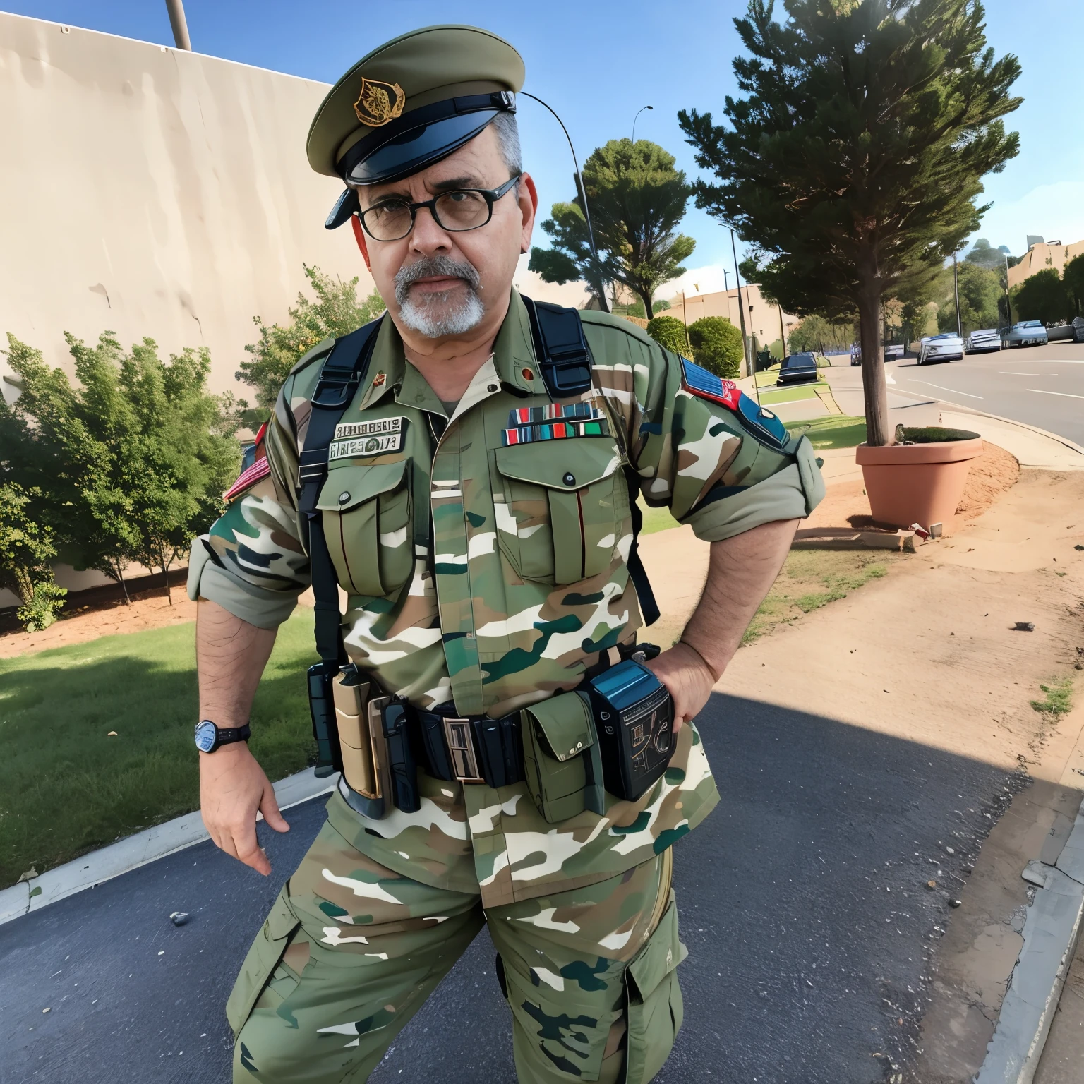 Improves the representation of military camouflage, accurately highlighting the characteristic patterns, colors and details. It accentuates the visual quality of the clothing, making the colors and elements of the military radio and Palestine patch stand out more vividly and authentically. Adjust lighting to highlight distinctive details, ensuring you capture a crisp, true-to-military look, with emphasis on the specific elements mentioned.