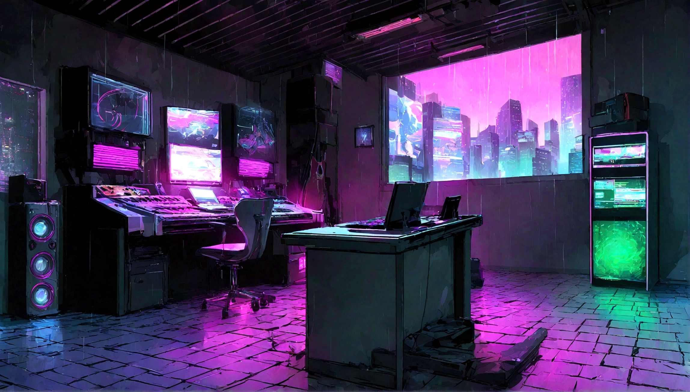 There is a music studio room with a desk, night, , keyboard, earphone,, Guitar，Small lights, background, sofa,, rain, Night Sky, Night City, Unmanned shutters, Concept Art, 3d rendering, 室内background艺术, synthwave art style, Flat synthetic wave art style, synthwave art, Synthetic wave digital art,, rock style interior, high resolution, Super sharp, 8K, masterpiece