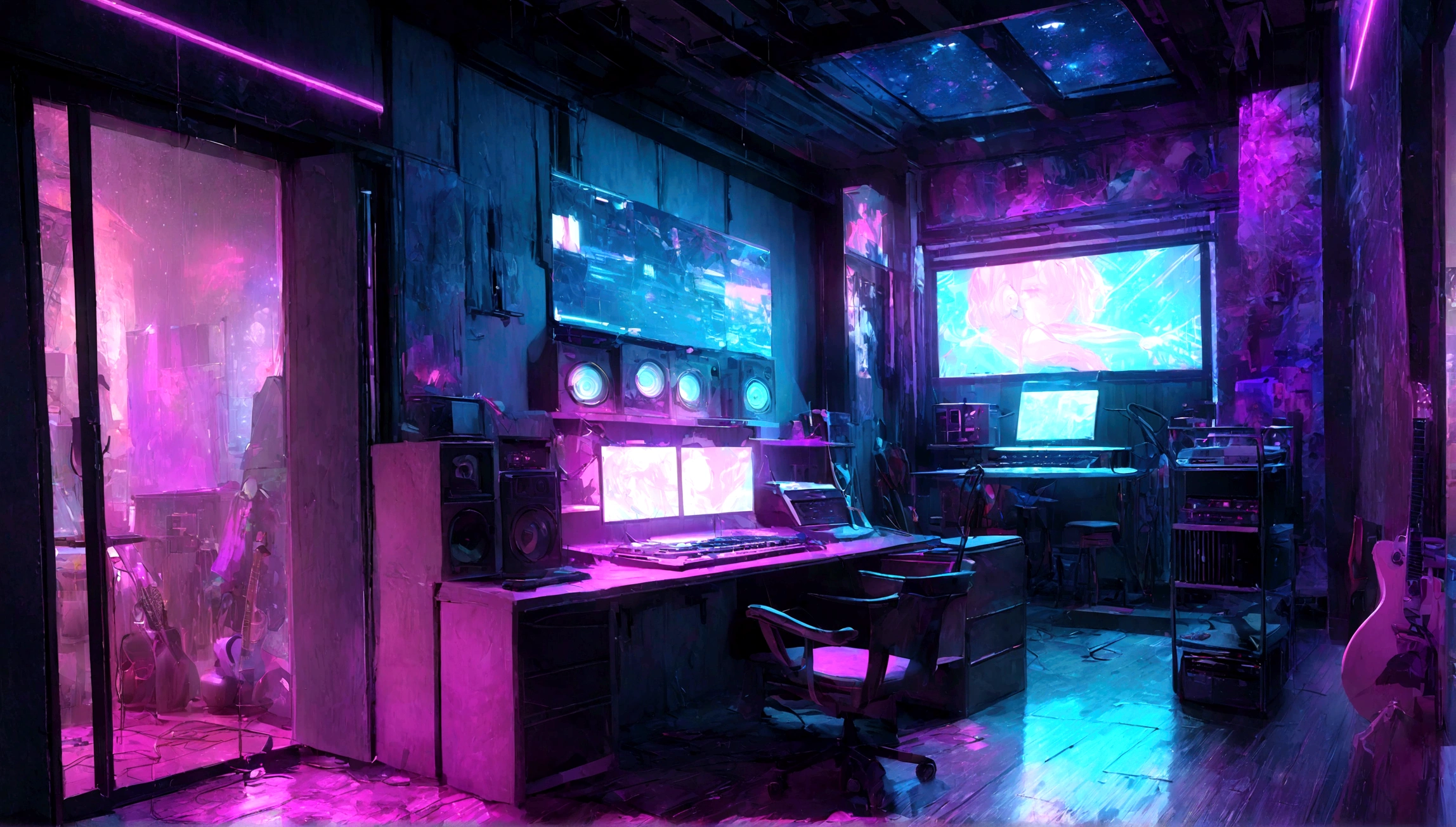 There is a music studio room with a desk, night, , keyboard, earphone,, Guitar，Small lights, background, sofa,, rain, Night Sky, Night City, Unmanned shutters, Concept Art, 3d rendering, 室内background艺术, synthwave art style, Flat synthetic wave art style, synthwave art, Synthetic wave digital art,, rock style interior, high resolution, Super sharp, 8K, masterpiece