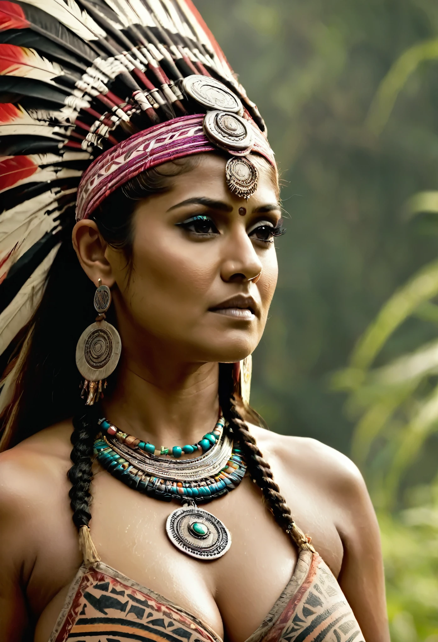 Foto RAW, looks like Nayanthara, excessive sweating, thick figure, curvy, milf, 50 years old Woman, tattoo in the middle of her breast, with realistic Indian headdress , tribal girl, stunning looks, tribal headdress, tattoos, colourful tribal tattoos, tribal white girl, Polynesian tribe, best quality , best cinematic colour grading, detailed lighting, high resolution , (pele altamente detalhada: 1.2), 8k UHD, DSLR, soft-lighting, alta qualidade, grain of film, Fujifilm XT3, highly detailed armpits, armpits hair, fully naked, nipples covered by hai, skin pores, skin texture, high quality skin,