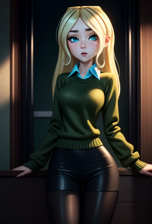 1girl, solo, (half-body-shot (cowboy shot):1.3), Dawn_Total_Drama, blonde hair, intricate, absurdres, highest-quality, extremely-detailed, masterpiece, 8k UHD, 4k HDR, RAW photograph, film-grain, (green sweater, black shiny tights, cyan blouse),
