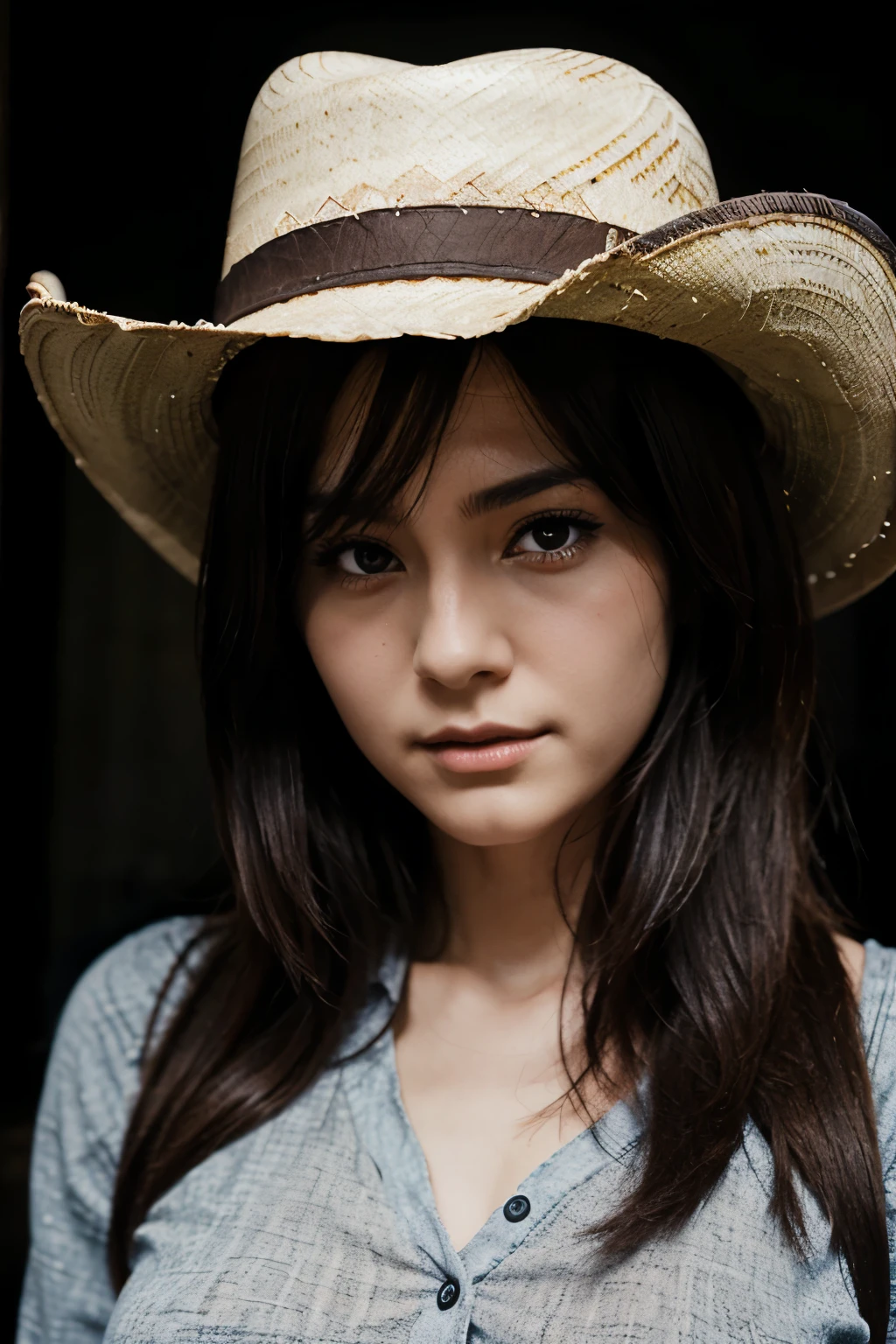 Manga drawing of a lady with a cowboy hat that is scary and dark
