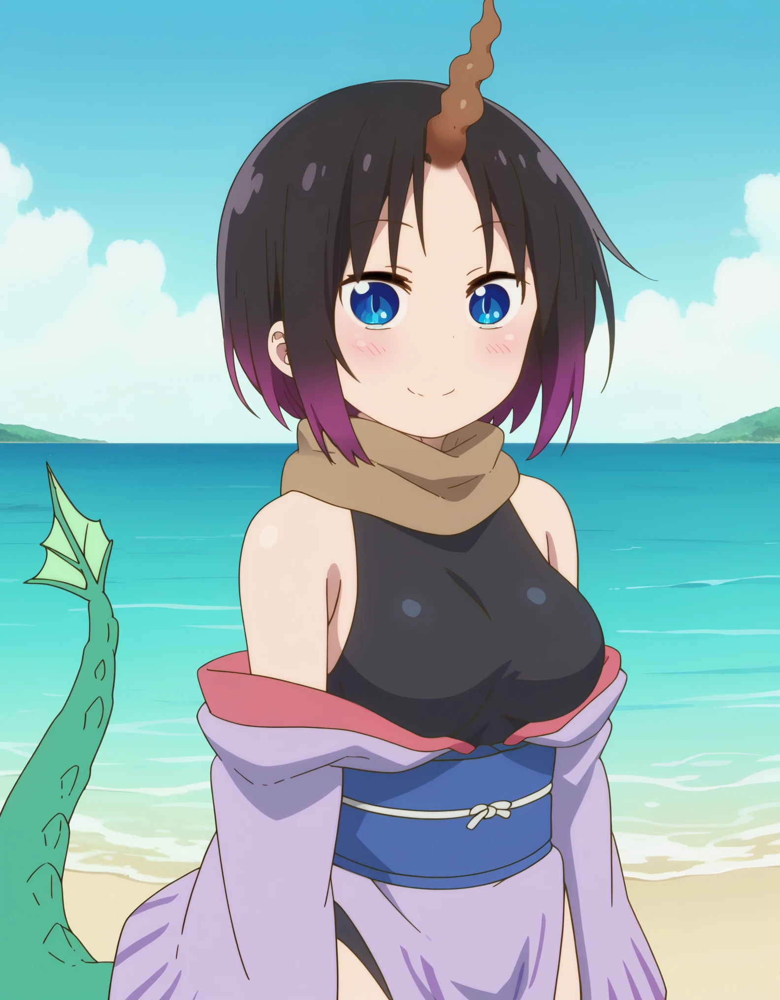score_9, score_8_up, score_7_up, source_anime, anime screencap,drgmd, elma, 1girl, blush, short_hair,tail, blue eyes, horns, detached_sleeves, japanese_clothes, kimono, scarf, leotard, sash, obi, black_leotard, dragon_horns, dragon_girl, dragon_tail, brown_scarf, ocean background, blue sky, smile, looking at viewer,