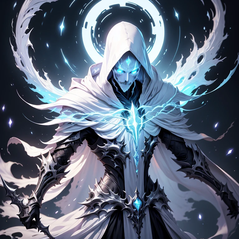 A pale man black hair tall and thin necromancer, wearing a white futuristic light armor with white magic ornaments, wearing a long cloak, specter invoker, specter magic, white spirit magic, undead reborn, white glowing magic surrounding