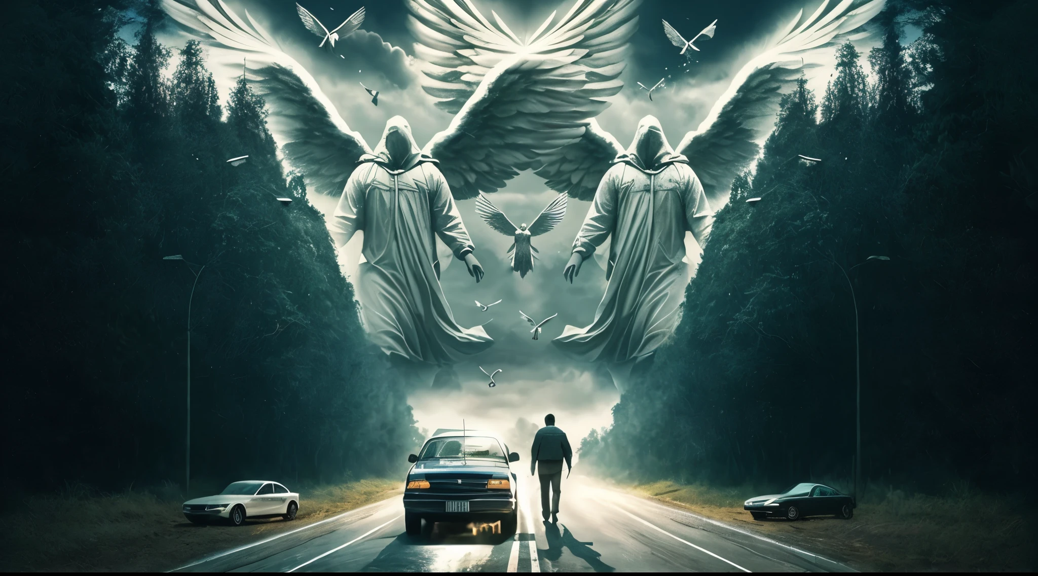 Imagem de um homem caminhando por uma estrada com um carro e asas de anjo, anjo protegendo o homem, angels protecting a praying man, 2 anjos, No estilo Dan Mumford obra de arte, Angels and Demons, Anjos, Angels in the sky, horror urbano sobrenatural moderno, anjo super largo, obra sobre um caminho para a liberdade, Angels vs Demons