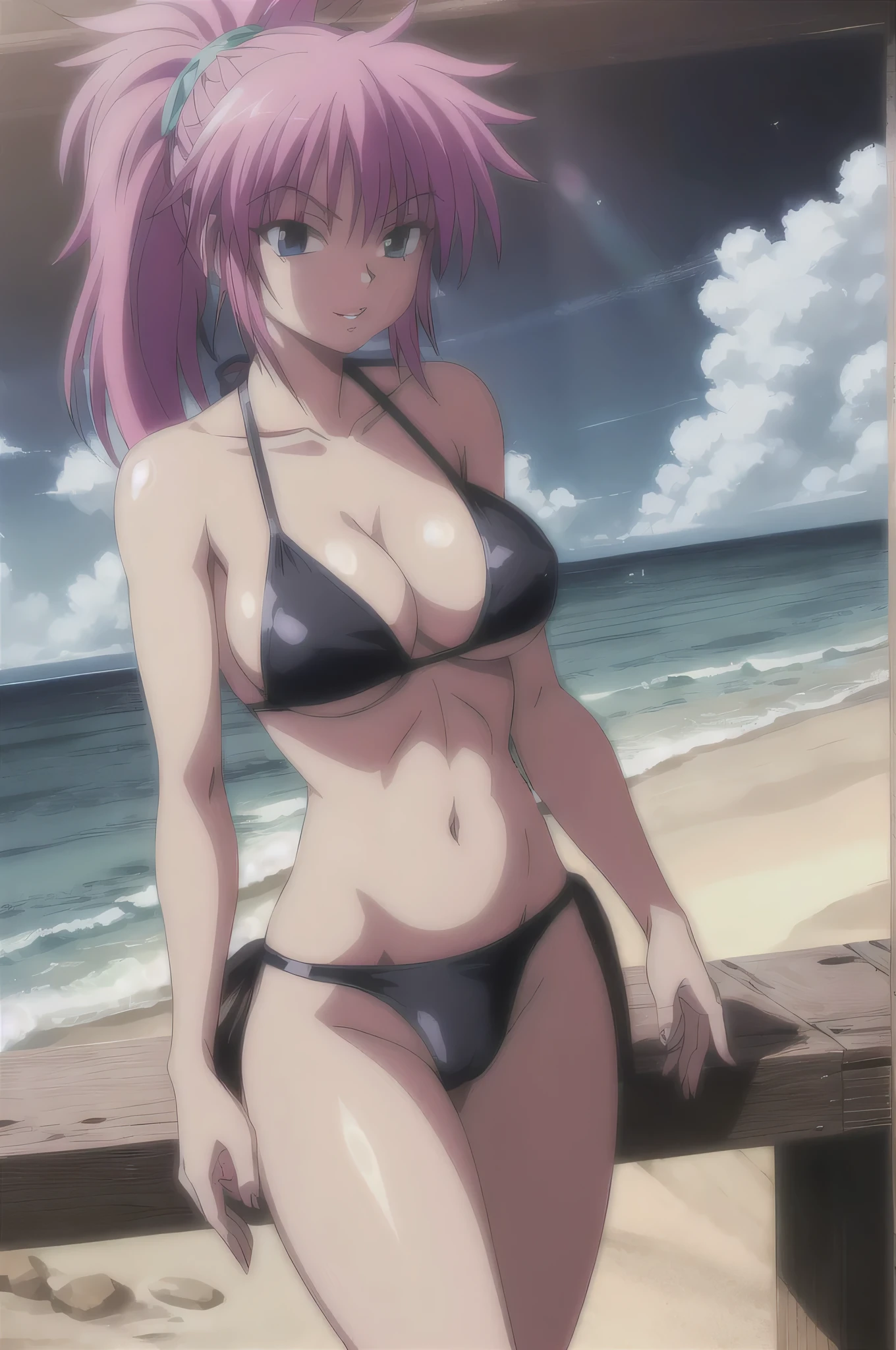 machi,1girl,
ponytail,
cleavage, purple_bikini, ocean, waves, sand, water, sun, lens_flare, hq, hd, high quality, masterpiece, 4K, 8K, hard nipples, wet top, small bikini, underboob, side boob, nipples, see through bikini, cameltoe, large breasts, huge breasts, big breasts, massive breasts, pussy lips, collarbone, neck showing, flirty, seductive, blushed smile, parted lips, head in frame, full frame, island background, ocean background, sunny, bright sky, outdoors, ocean waves, clear water,