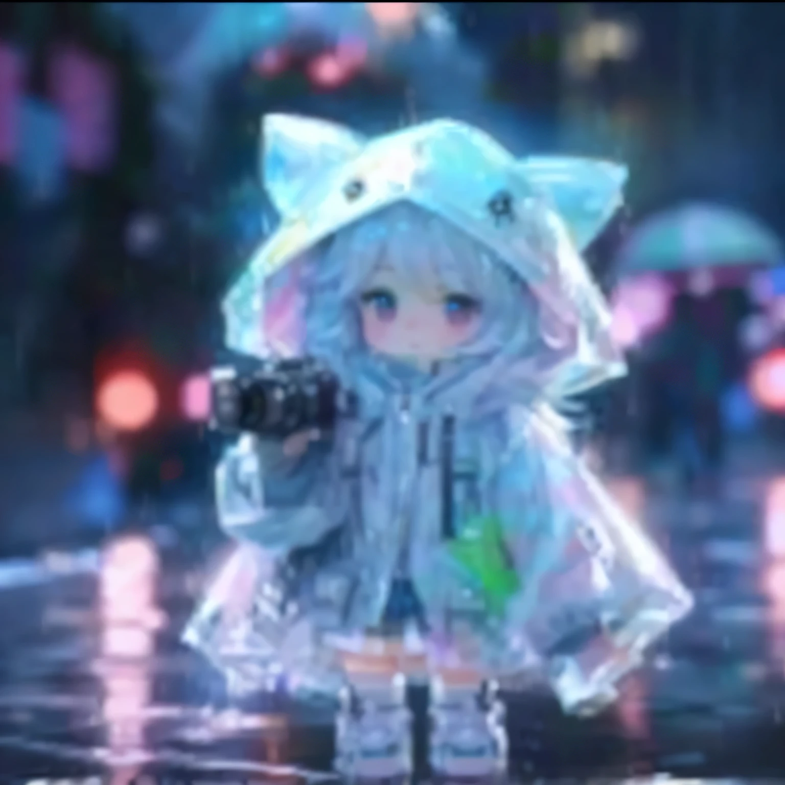Cartoon character wearing a raincoat and holding a camera in the rain, Cute, rainy, gloomy, Artwork in the style of Guweiz, Profile picture 1024px, guweiz, Profile picture, Lovely anime catgirl, From Arknights, Lovely artwork, Lovely! c4d, Kaimonomimi, guweiz masterpiece, A fusion of anime style with Fujifilm