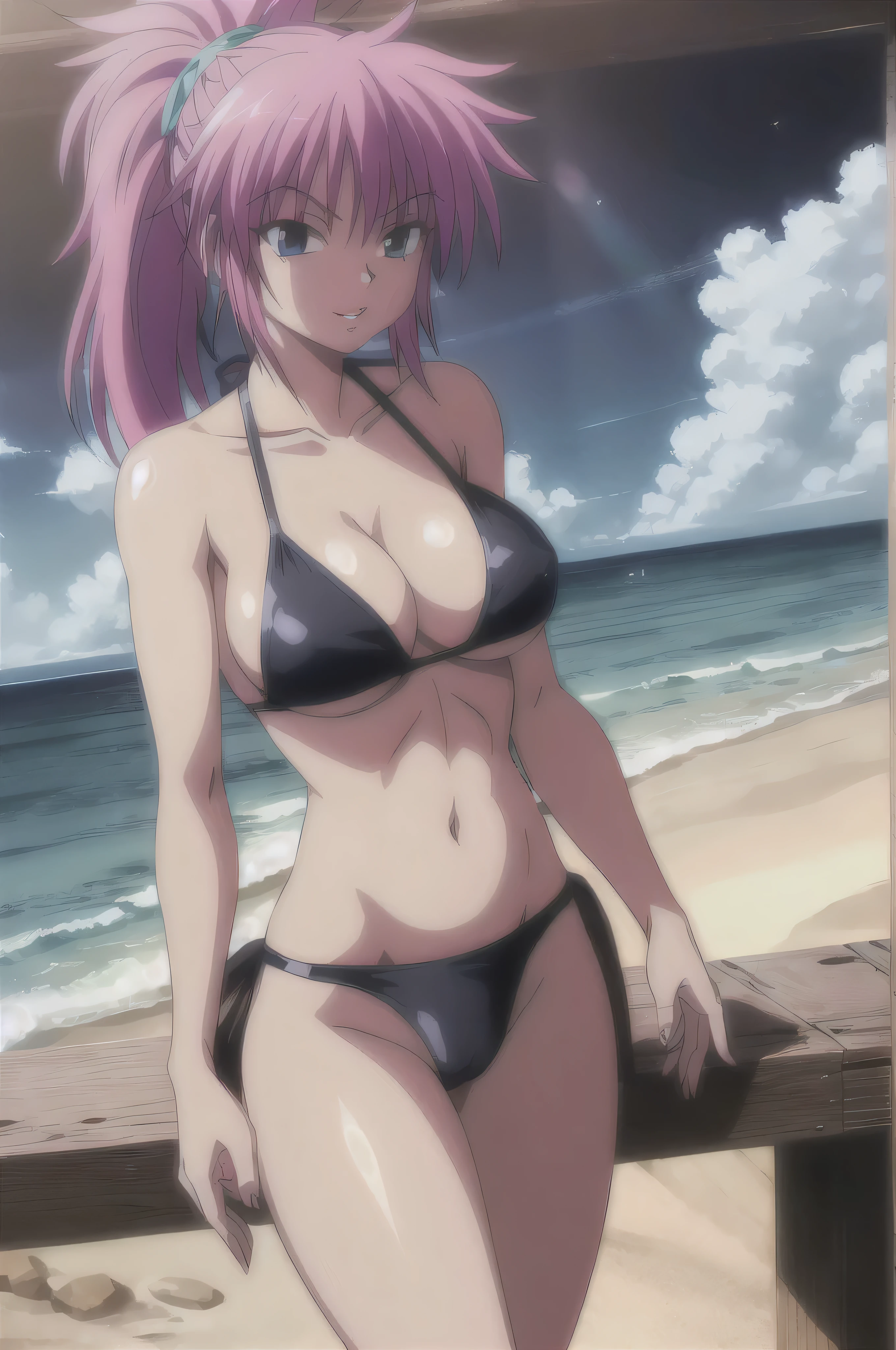 machi,1girl,
ponytail,
cleavage, purple_bikini, ocean, waves, sand, water, sun, lens_flare, hq, hd, high quality, masterpiece, 4K, 8K, hard nipples, wet top, small bikini, underboob, side boob, nipples, see through bikini, cameltoe, large breasts, huge breasts, big breasts, massive breasts, pussy lips, collarbone, neck showing, flirty, seductive, blushed smile, parted lips, head in frame, full frame, island background, ocean background, sunny, bright sky, outdoors, ocean waves, clear water,