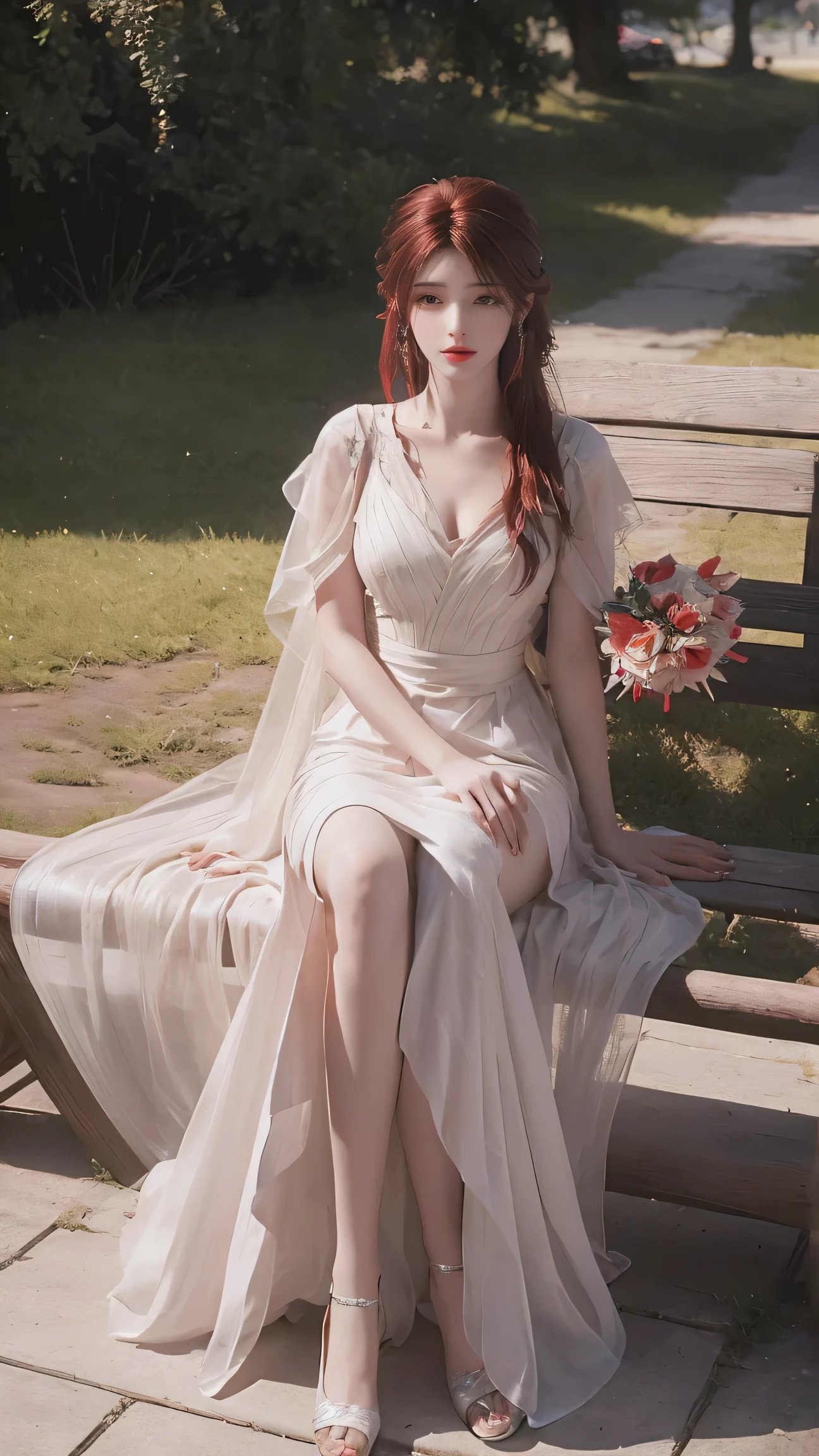 8K Ultra HD, Mastmis, A girl, Good face, Detailed, Eyes, Beautiful lips, Very red hair, dishiveredhair, Medium breasts, Wedding dress, White dress, In the park, Flying birds, blows wind, clear weather, Sitting, Full body capture,