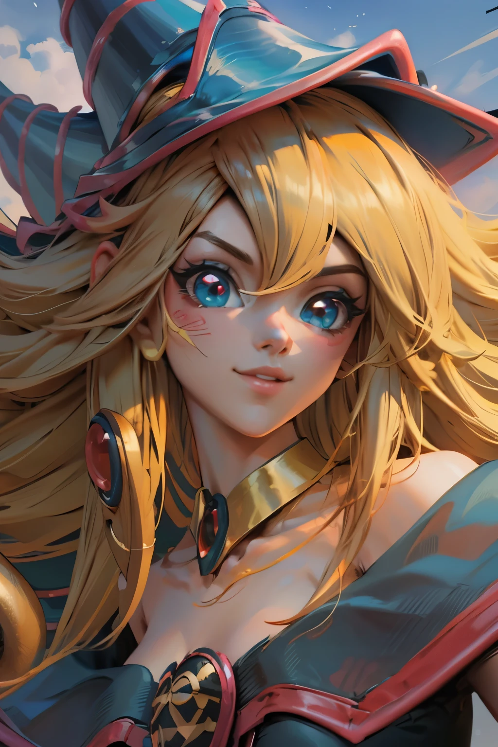 Hermoso rostro de dark magician gils, ojos azules. Labios rosados. Cabello rubio y largo. Ombros descubiertos, sonrisa angelical, hermoso rostro bien detallados de dark magician gils.