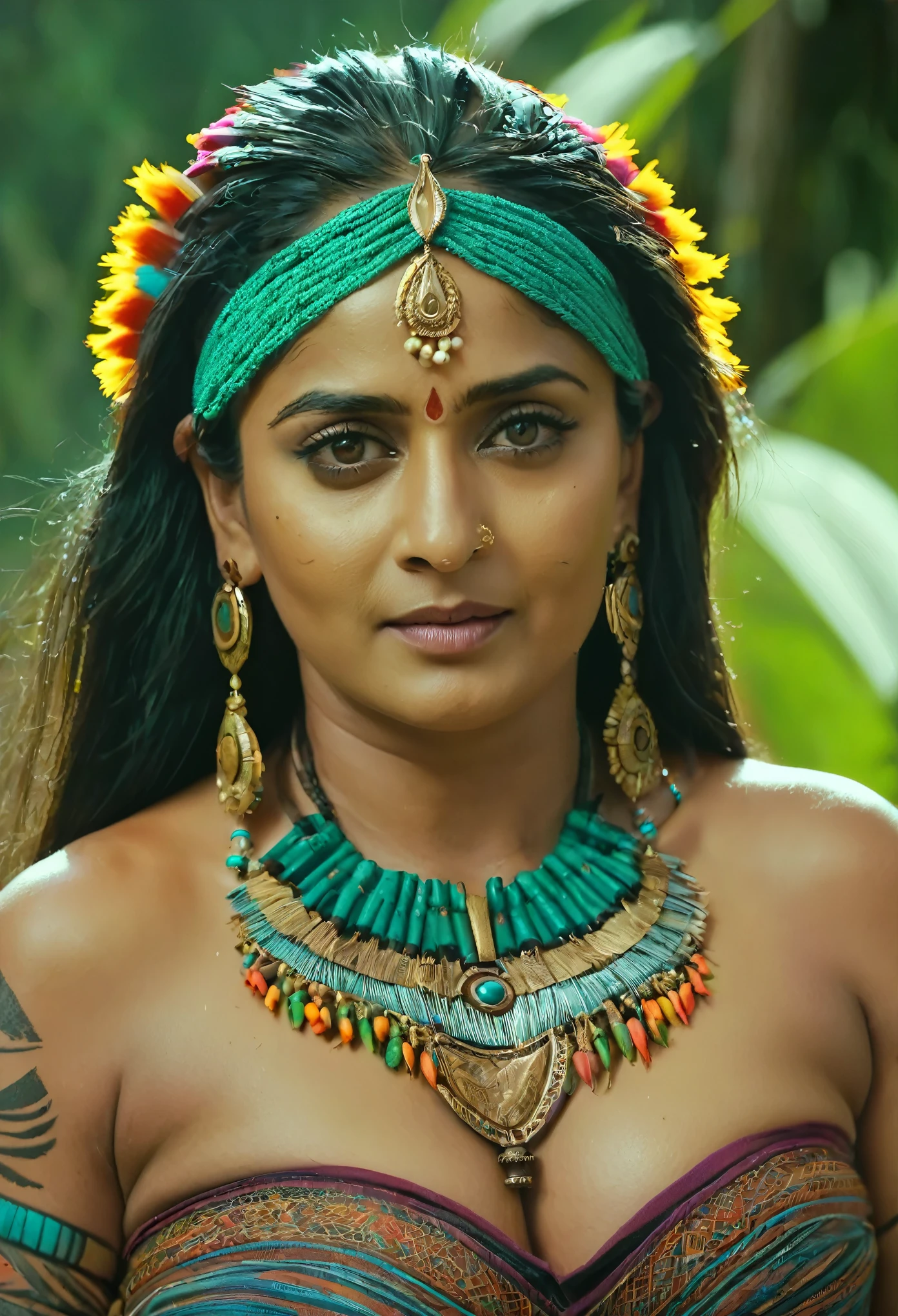 Foto RAW, skin glistening by sweat, looks like Anushka Shetty, thick figure, curvy, milf, 50 years old Woman, tattoo in the middle of her breast, with realistic Indian headdress , tribal girl, stunning looks, tribal headdress, tattoos, colourful tribal tattoos, tribal white girl, Polynesian tribe, best quality , best cinematic colour grading, detailed lighting, high resolution , (pele altamente detalhada: 1.2), 8k UHD, DSLR, soft-lighting, alta qualidade, grain of film, Fujifilm XT3, highly detailed armpits, armpits hair, fully naked, nipples covered by hai, skin pores, skin texture, high quality skin,
