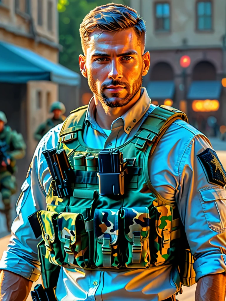 a highly detailed military soldier portrait of a man wearing a bulletproof vest, lineart, cel shading, (best quality,4k,8k,highres,masterpiece:1.2),ultra-detailed,(realistic,photorealistic,photo-realistic:1.37),sharp focus,vivid colors,professional
