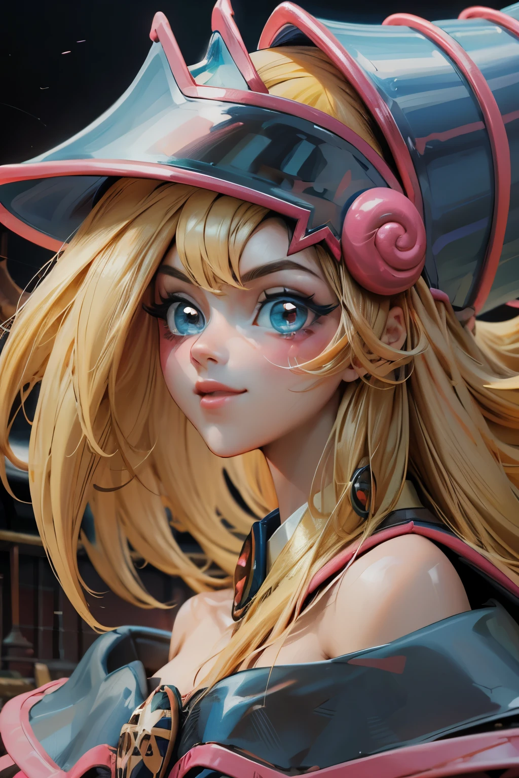 Hermoso rostro de dark magician gils, ojos azules. Labios rosados. Cabello rubio y largo. Ombros descubiertos, sonrisa angelical, hermoso rostro bien detallados de dark magician gils.