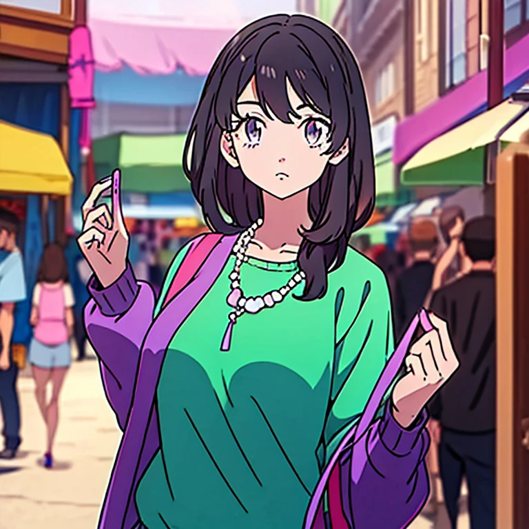 A -yeld giwith purple eyes, white skin, black hair with bangs and wavy purple highlights. She has a green sweatshirt and black shirt, sunglasses on her head and necklaces. She is walking through the streets of a market.